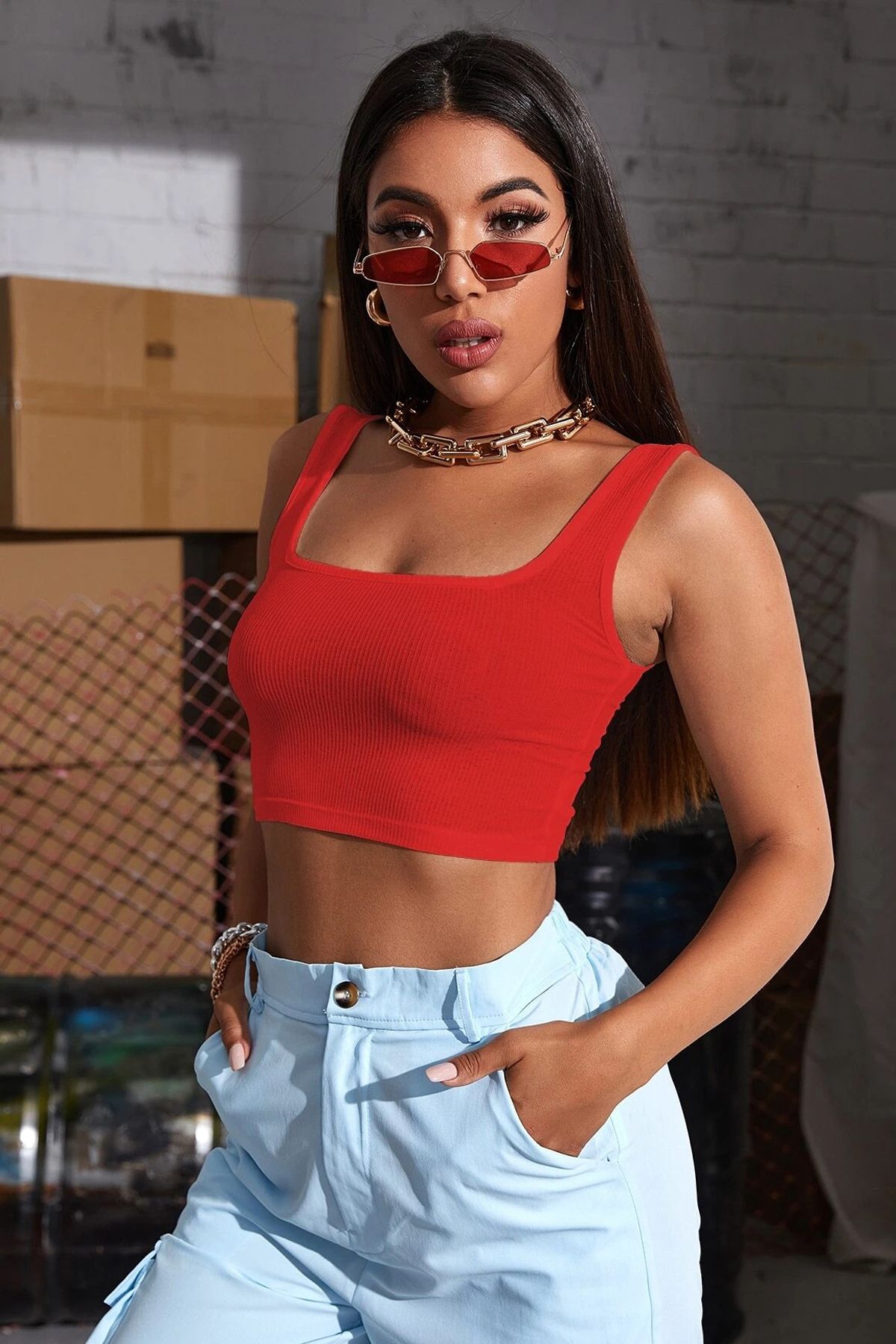 melonika Kadın Kırmızı Kalın Askılı Crop Top Büstiyer