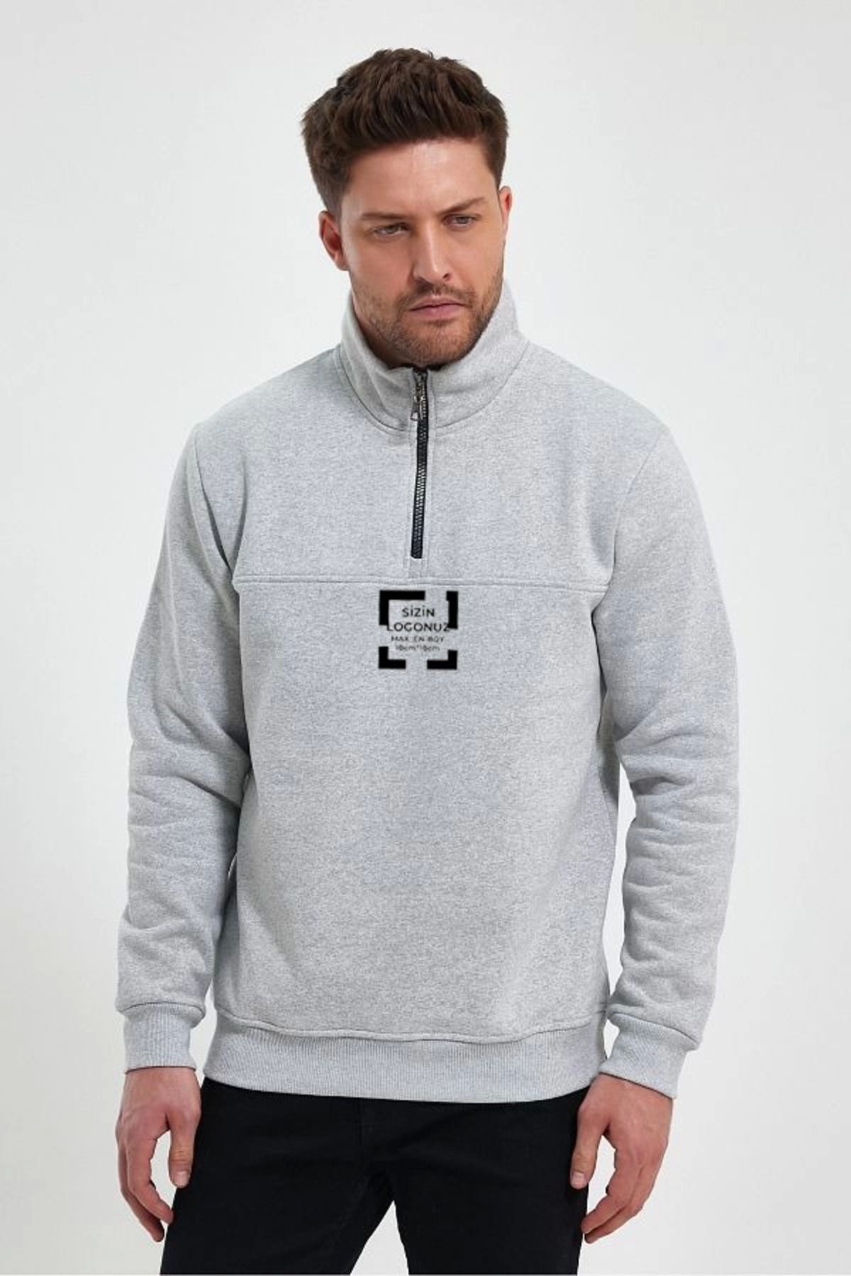 ARUZ MODA Oversize Yarım Farmuarlı Yakalı Özel Tasarım Basic SweatShirt - Gri