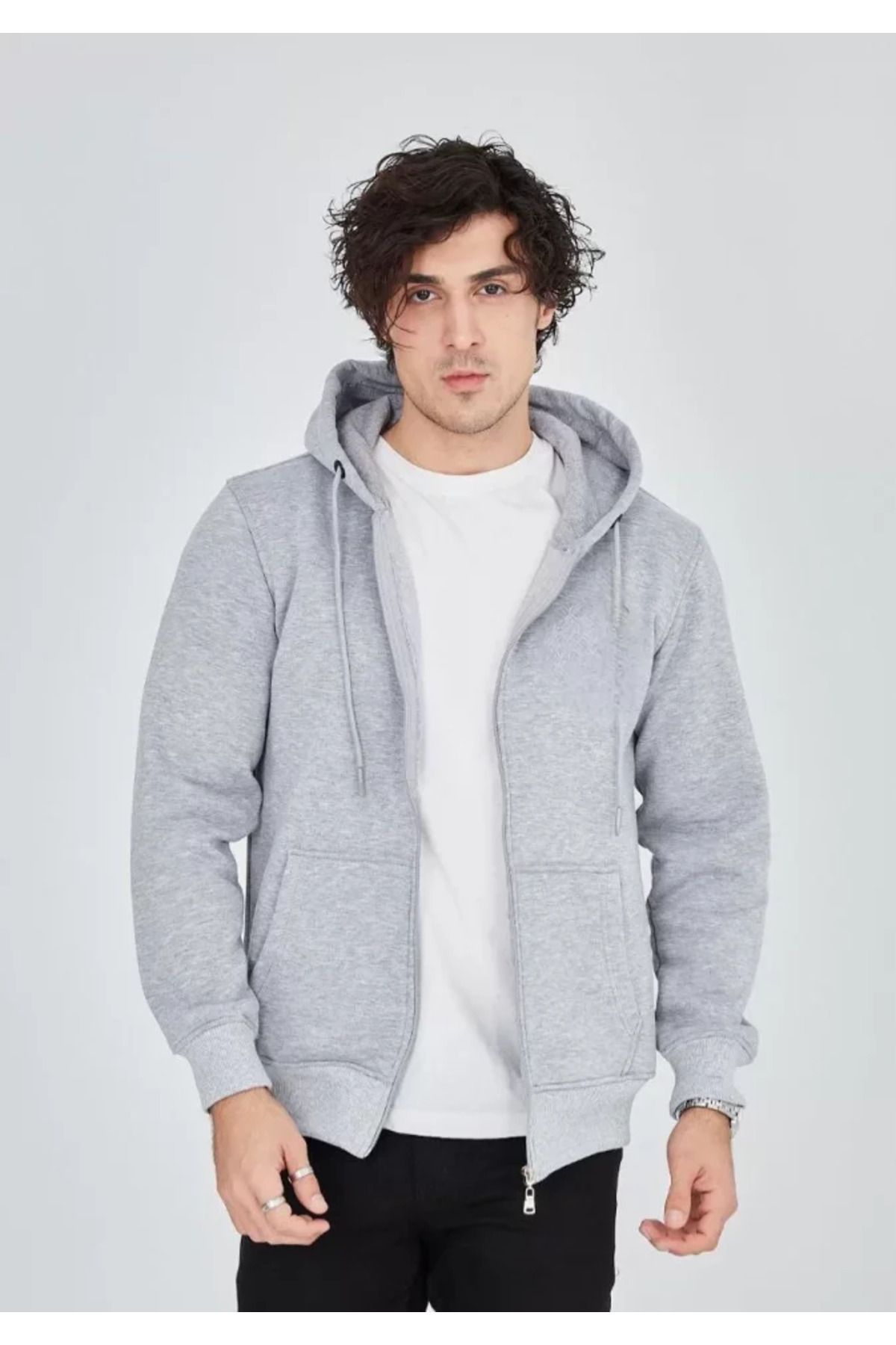 ARUZ MODA Unisex Tam Fermuarlı Kapşonlu SweatShirt - Gri