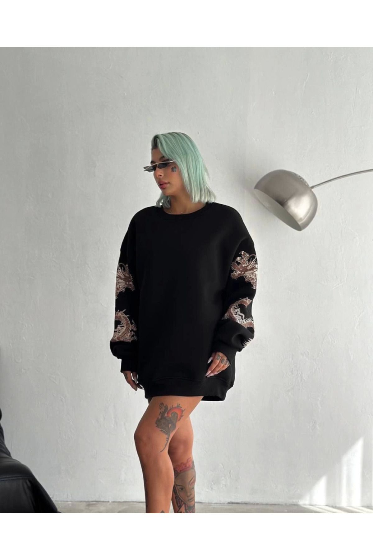 ARUZ MODA Bisiklet Yaka Baskılı SweatShirt - Siyah