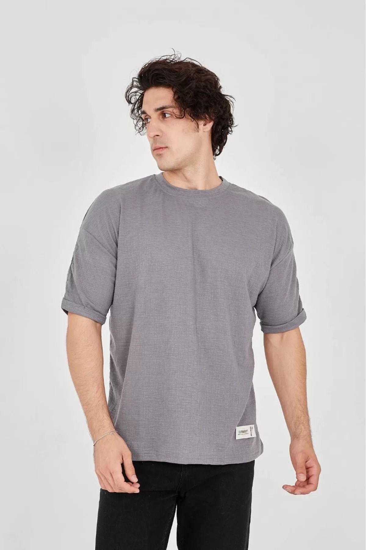 İndigo Park Tişört erkek Unisex Jakar Kumaş Rahat Kol T-Shirt