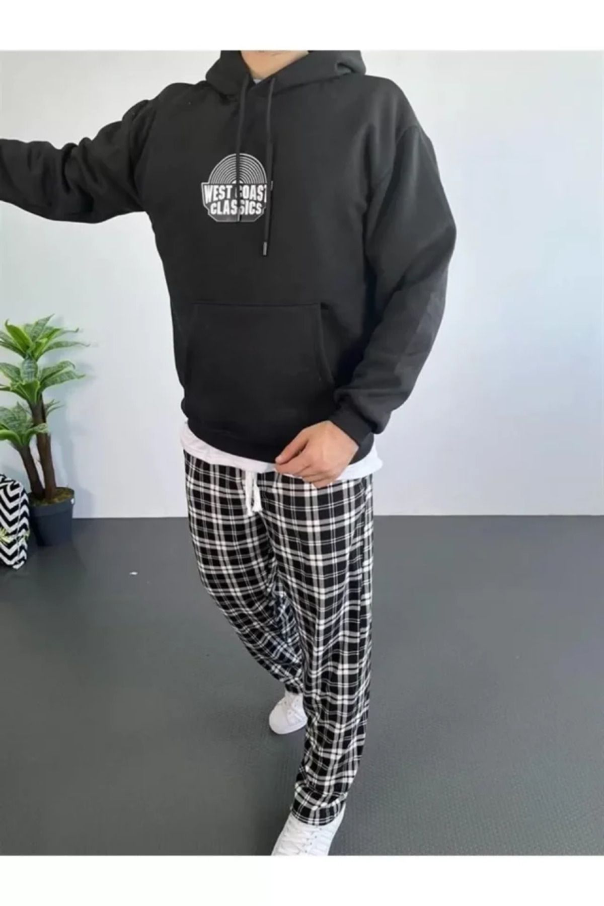 ARUZ MODA Erkek Sırt Baskılı Kapüşonlu Üç İplik Oversize Sweatshirt - Siyah