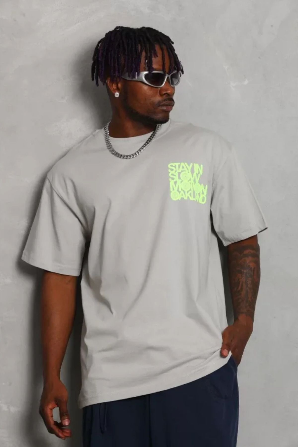 ARUZ MODA Unisex Oversize Baskılı Bisiklet Yaka T-Shirt - Gri