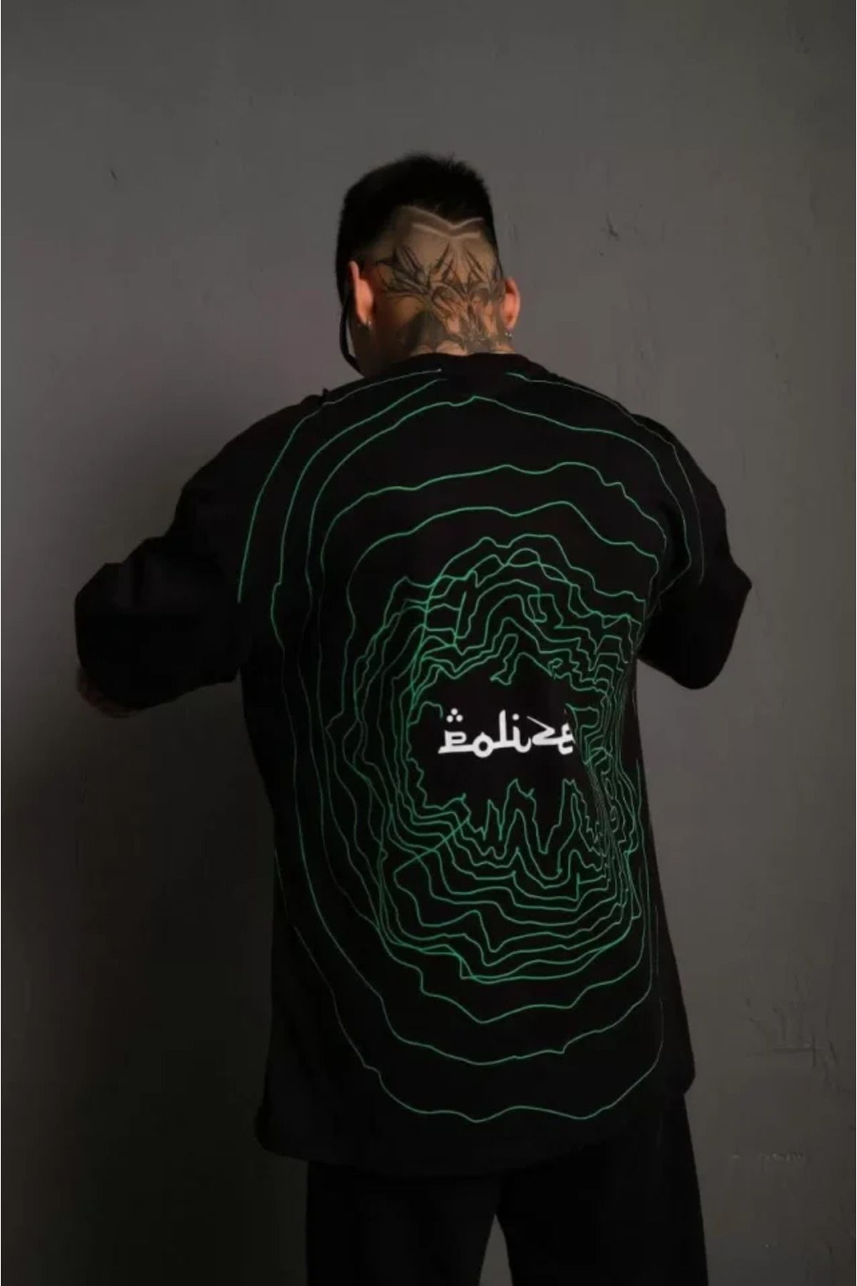 ARUZ MODA Erkek Bisiklet Yakalı Sırt Baskılı Oversize T-Shirt - Siyah