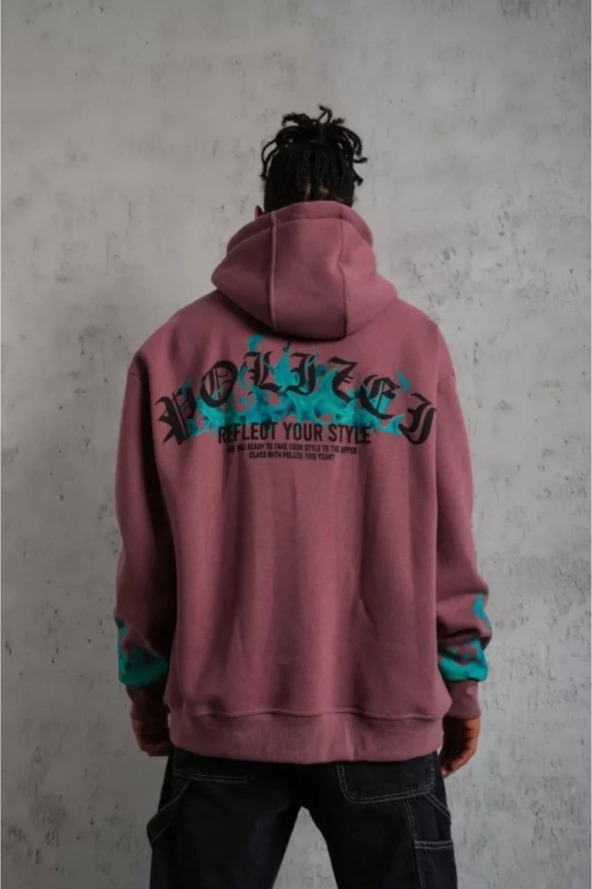 ARUZ MODA Erkek Üç İplik Içi Pamuklu Alev Baskılı Kapüşonlu Sweatshirt - Gül Kurusu