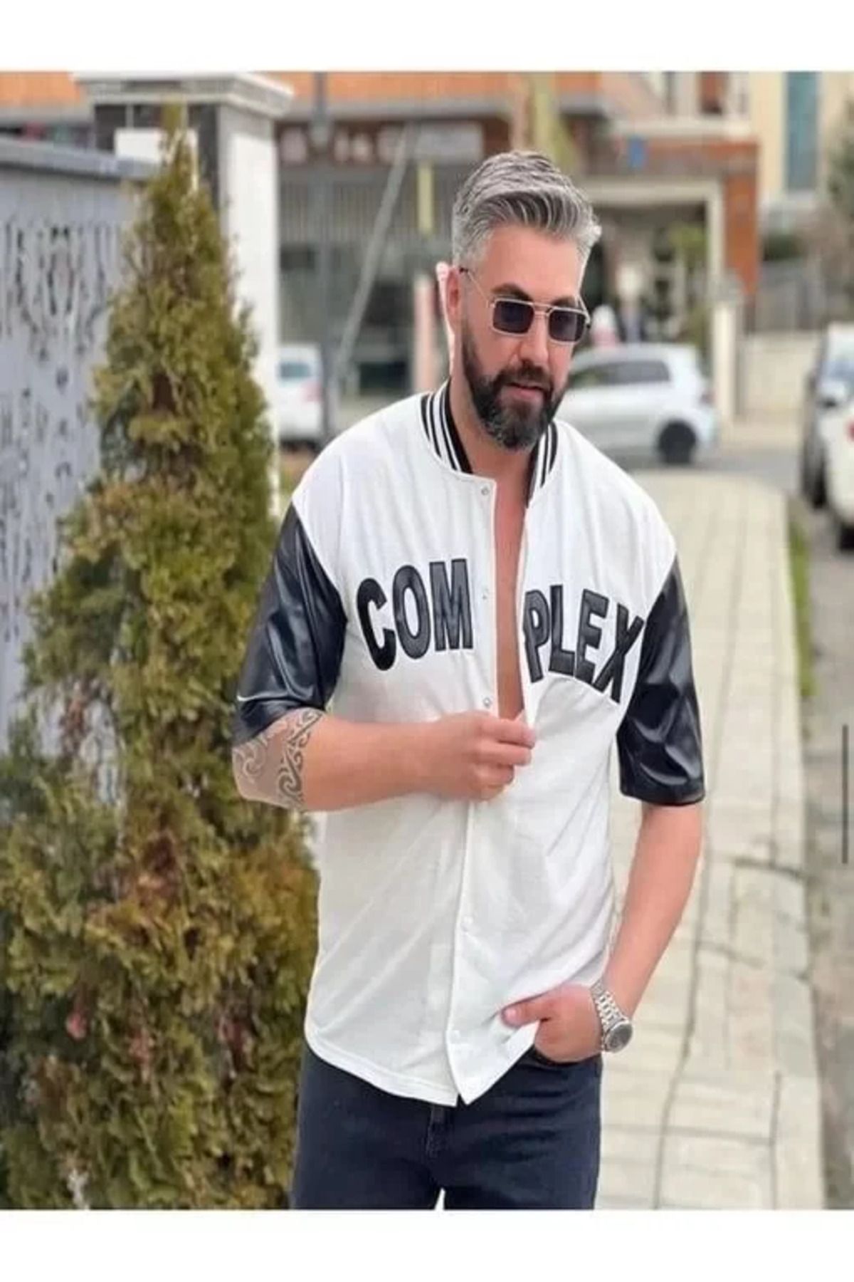 ARUZ MODA Erkek Complex Kolları Deri Kolej Oversize T-Shirt - Beyaz