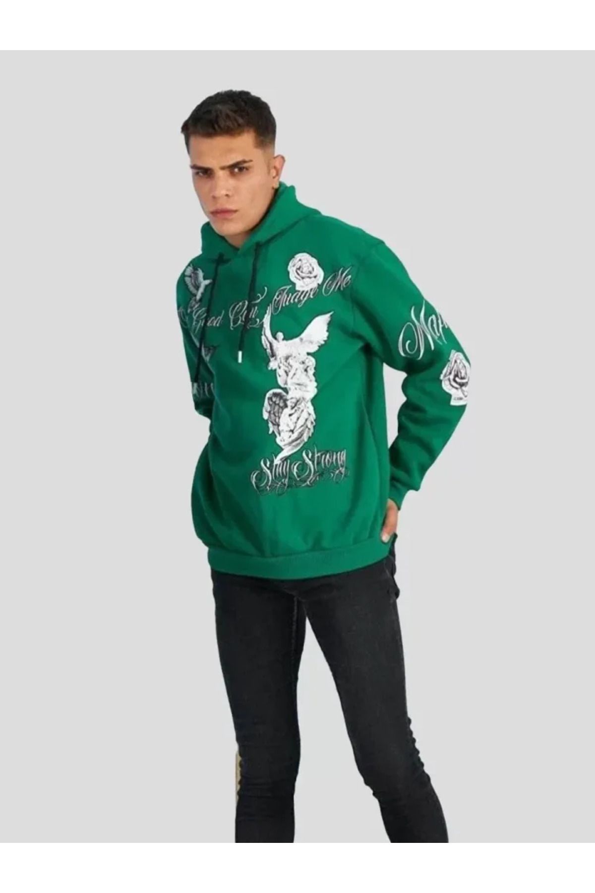 ARUZ MODA Erkek Kapüşonlu Strong Heykel Baskılı Sweatshirt - Yeşil