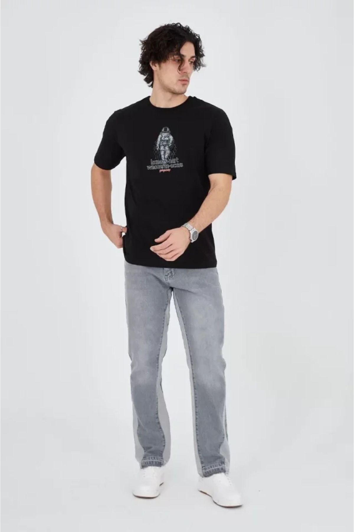 ARUZ MODA Erkek Penye Baskılı T-Shirt - Siyah