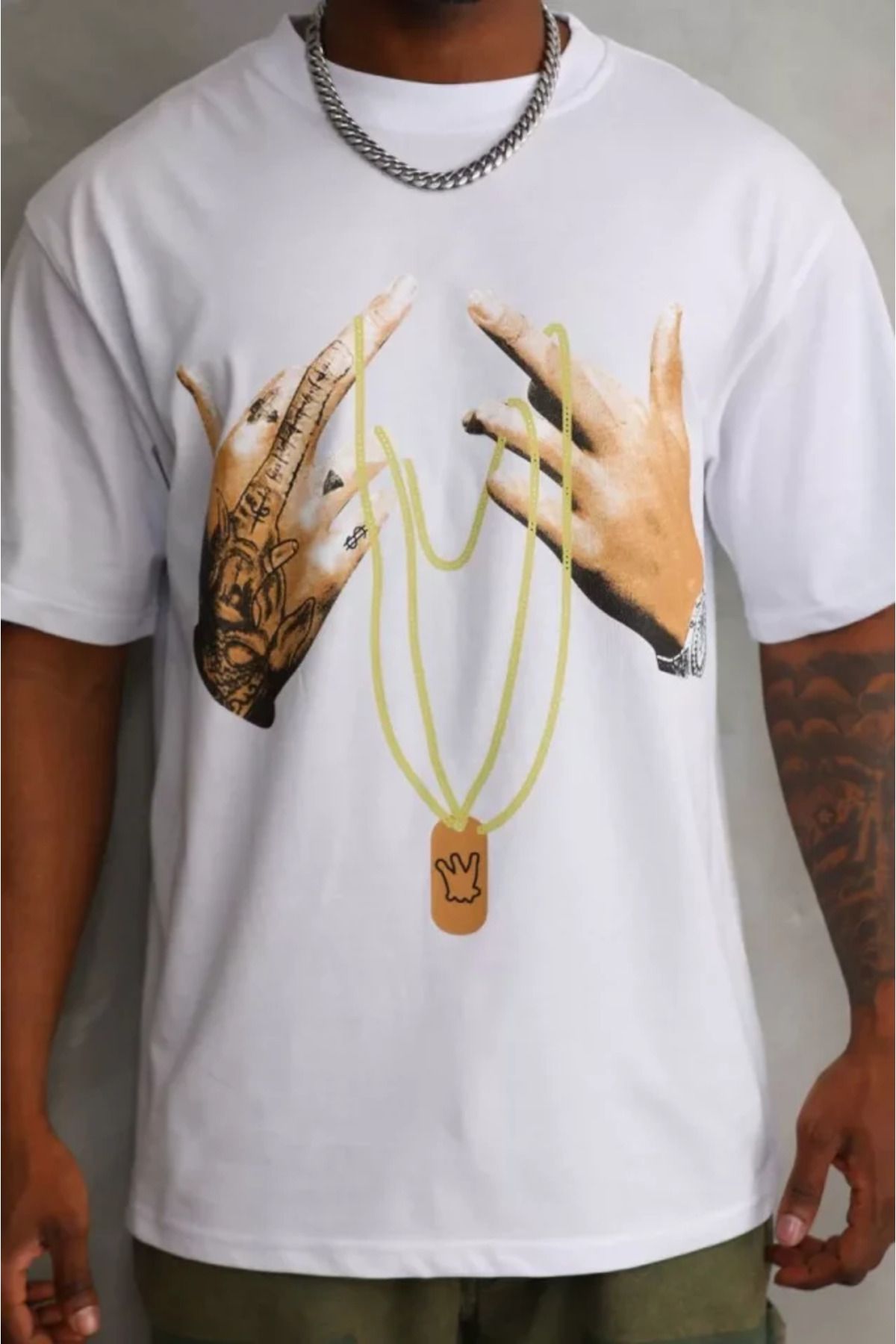 ARUZ MODA Unisex Baskılı Oversize T-Shirt - Beyaz