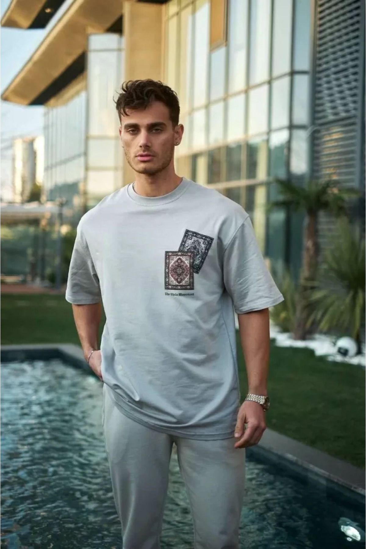 ARUZ MODA Unisex Bisiklet Yaka Baskılı Oversize T-Shirt - Boyalı Gri