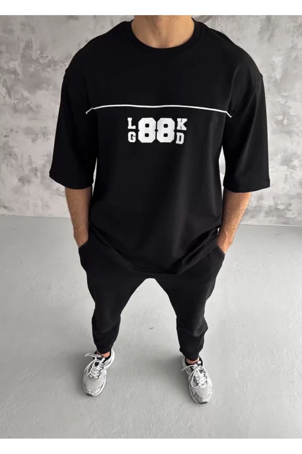 ARUZ MODA Unisex Bisiklet Yaka Baskılı Oversize T-Shirt - Siyah