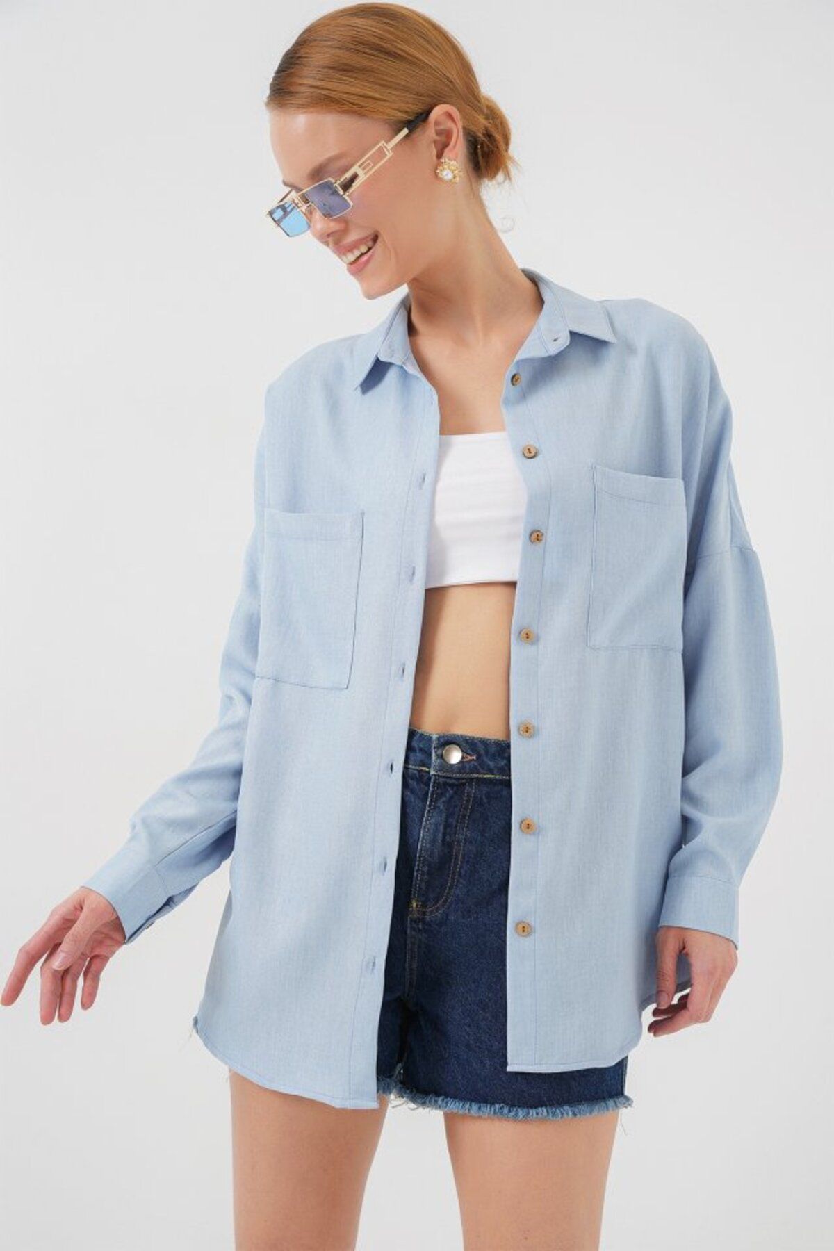 ARUZ MODA 20126 Oversize Keten Gömlek - Mavi