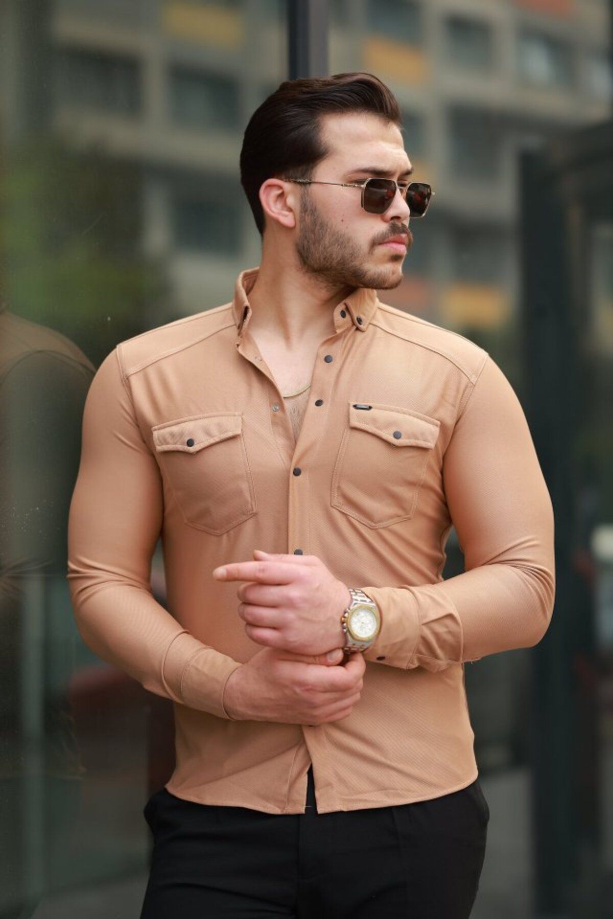 ARUZ MODA Erkek çift Cepli çıtçıt Düğmeli Uzun Kollu Gömlek