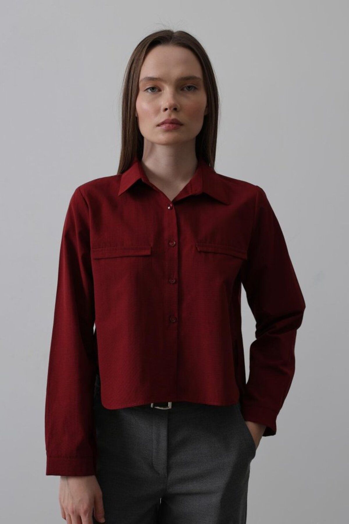 ARUZ MODA Cepli Uzun Kol Gömlek - Bordo