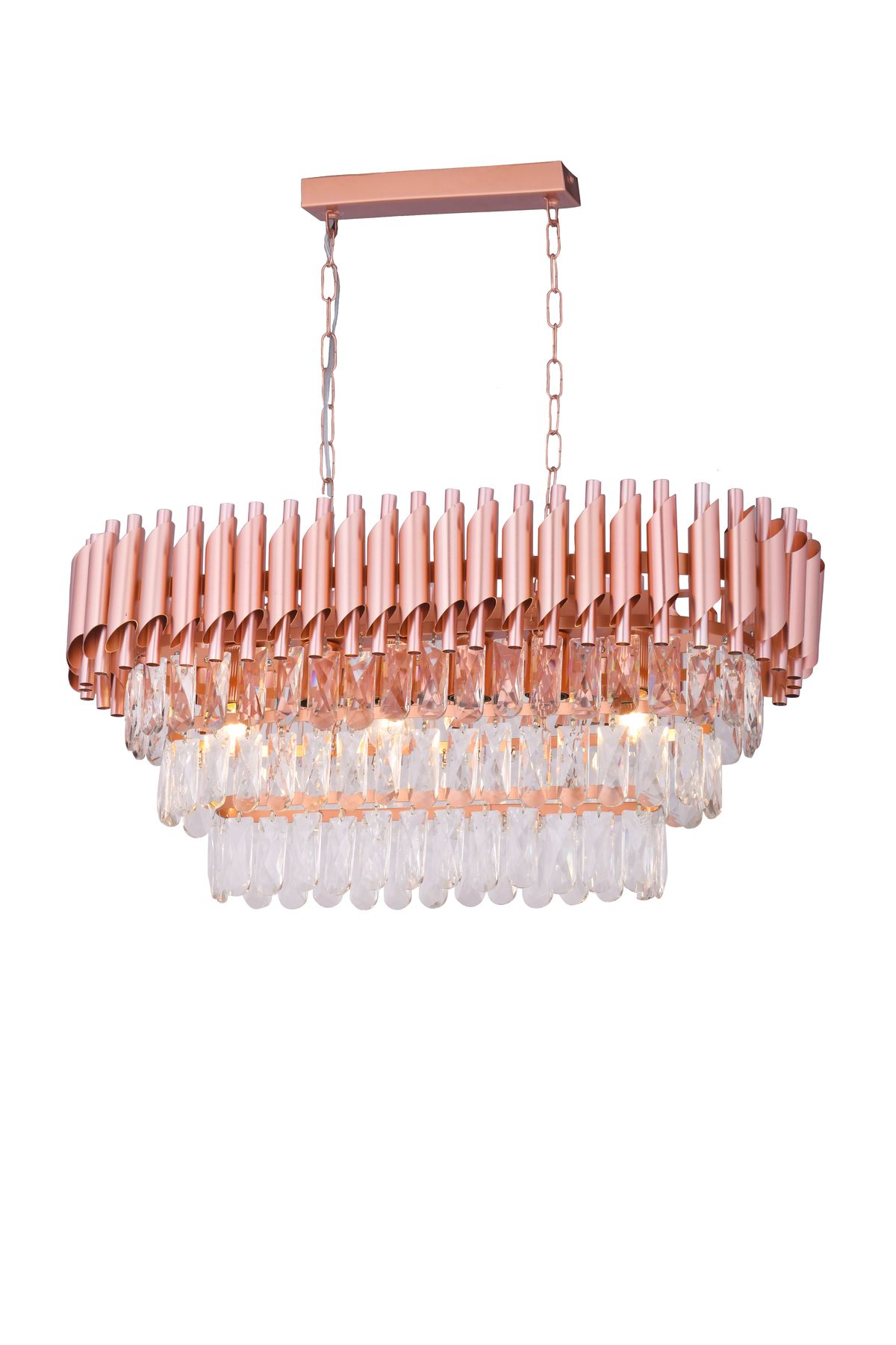 Avizemoda Palmira 75x35 Cm'lik 3 Katlı Prizma Kesim Kristal Taşlı Lüks Avize 6'lı - (Rose Gold)