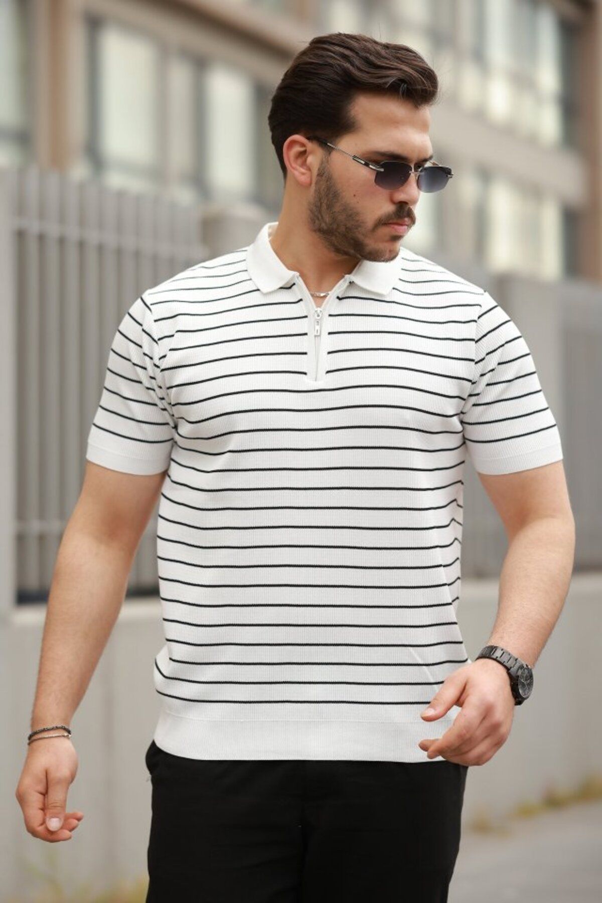 ARUZ MODA Erkek Fermuar Yakalı çizgili Kısa Kollu T-shirt
