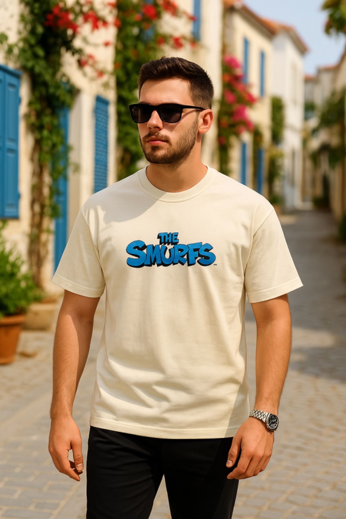 ARUZ MODA Ön Ve Arka Baskılı Oversize Bisiklet Yaka T-shirt- Beyaz