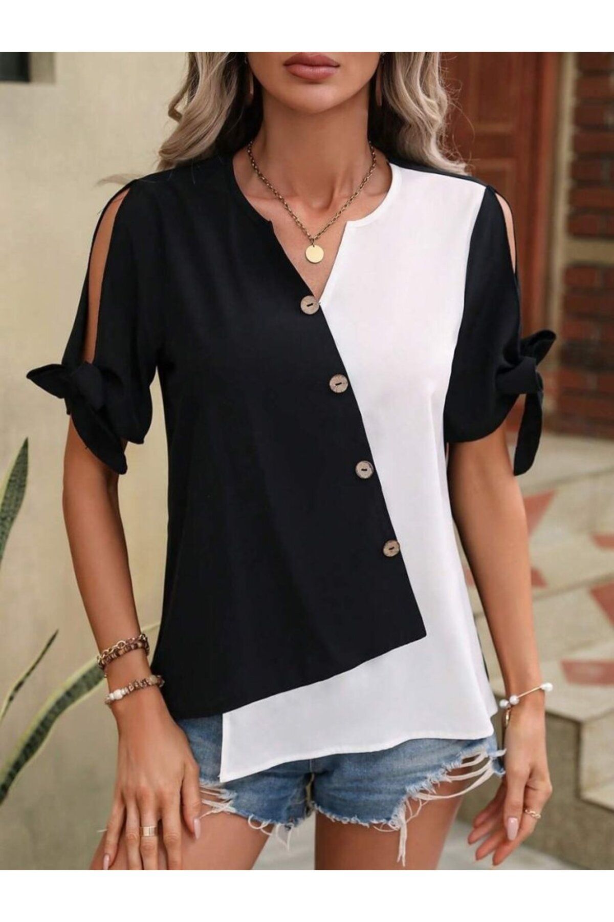 ARUZ MODA Kadın Kısa Kollu Kollardan Bağlamalı önden Asimetrik Kesim çift Renk Detaylı Düğmeli Ithal Krep Bluz