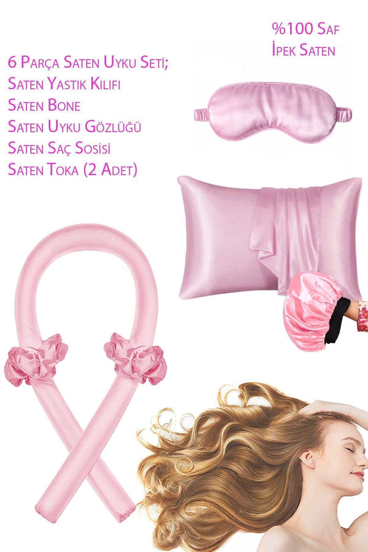 Deko Dekor Pudra Pembe 6 Parça Uyku Seti Saten Yastık Kılıfı Bone Toka Saç Sosisi Uyku Gözlüğü