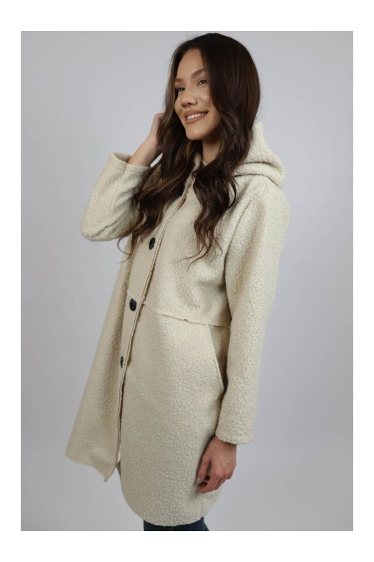 FASHIONLAND-JIANNA HOODED MIDI COAT WITH POCKET UNLINED BUTTON CLOSURE ONE SIZE Ivory 3