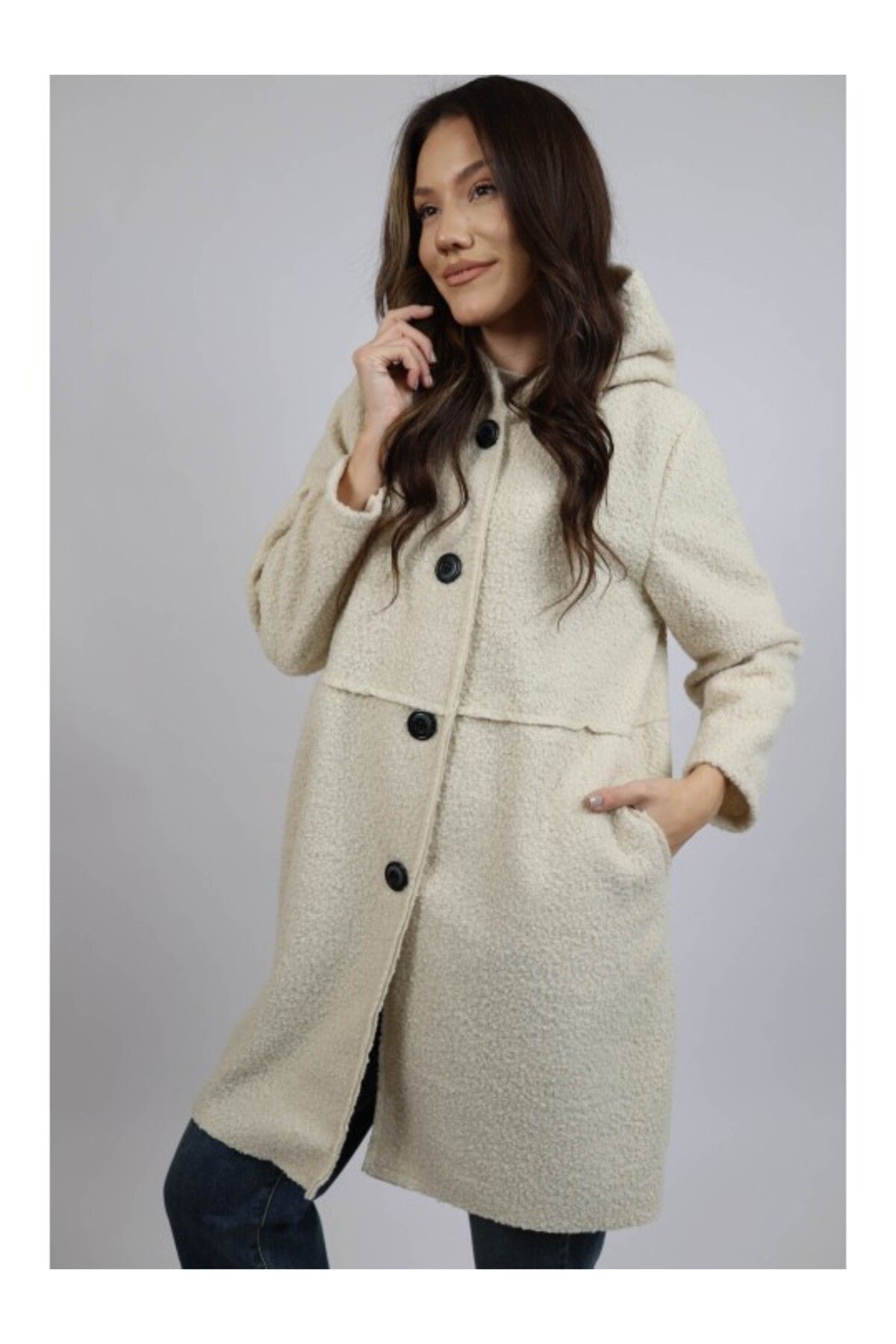 FASHIONLAND-JIANNA HOODED MIDI COAT WITH POCKET UNLINED BUTTON CLOSURE ONE SIZE Ivory 1