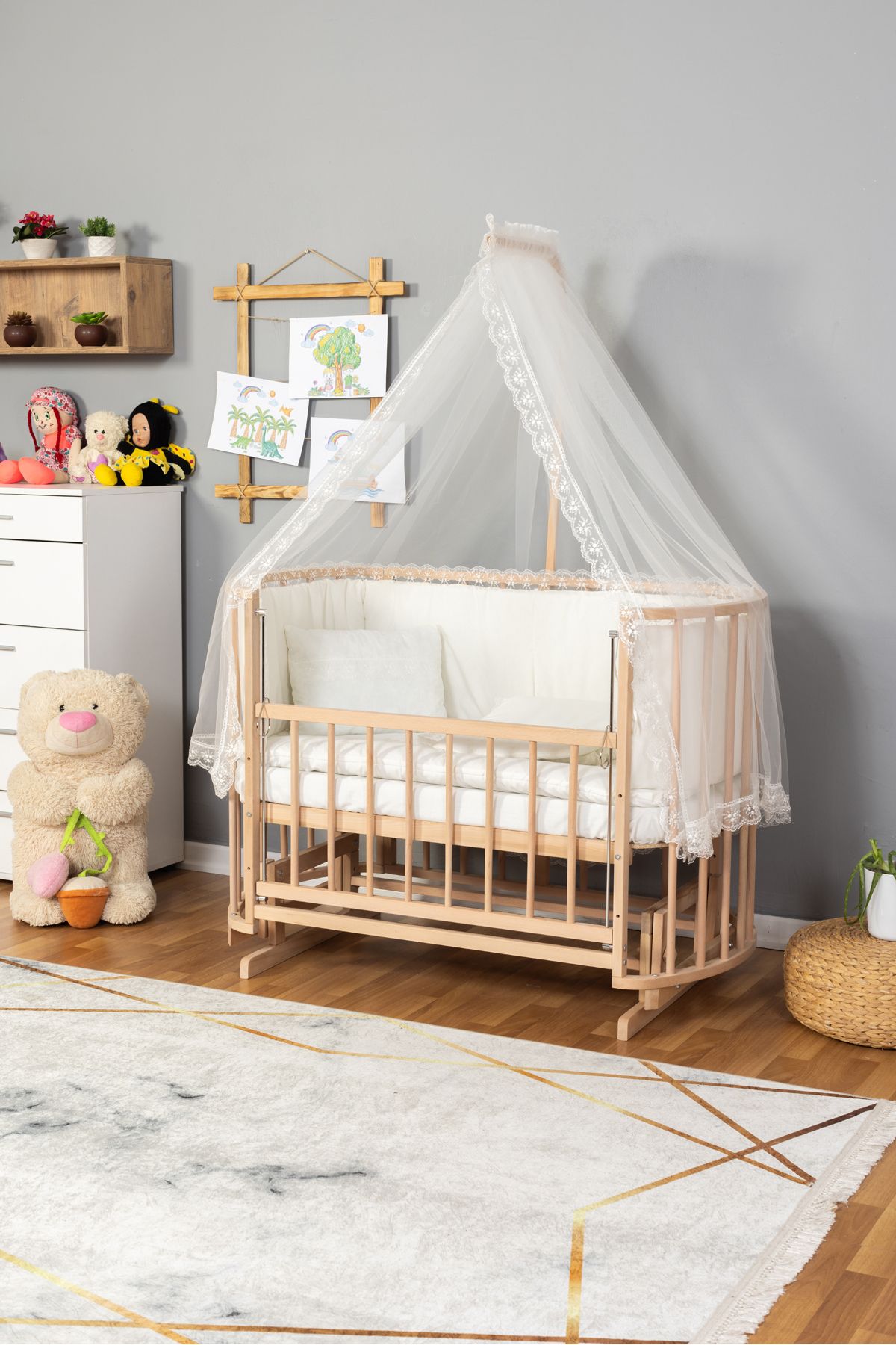 Carino Wins Ahşap Beşik Anne Yanı Yeni Doğan Papatya Organik Bebek Beşiği KREM GÜPÜR UYKU SETLİ