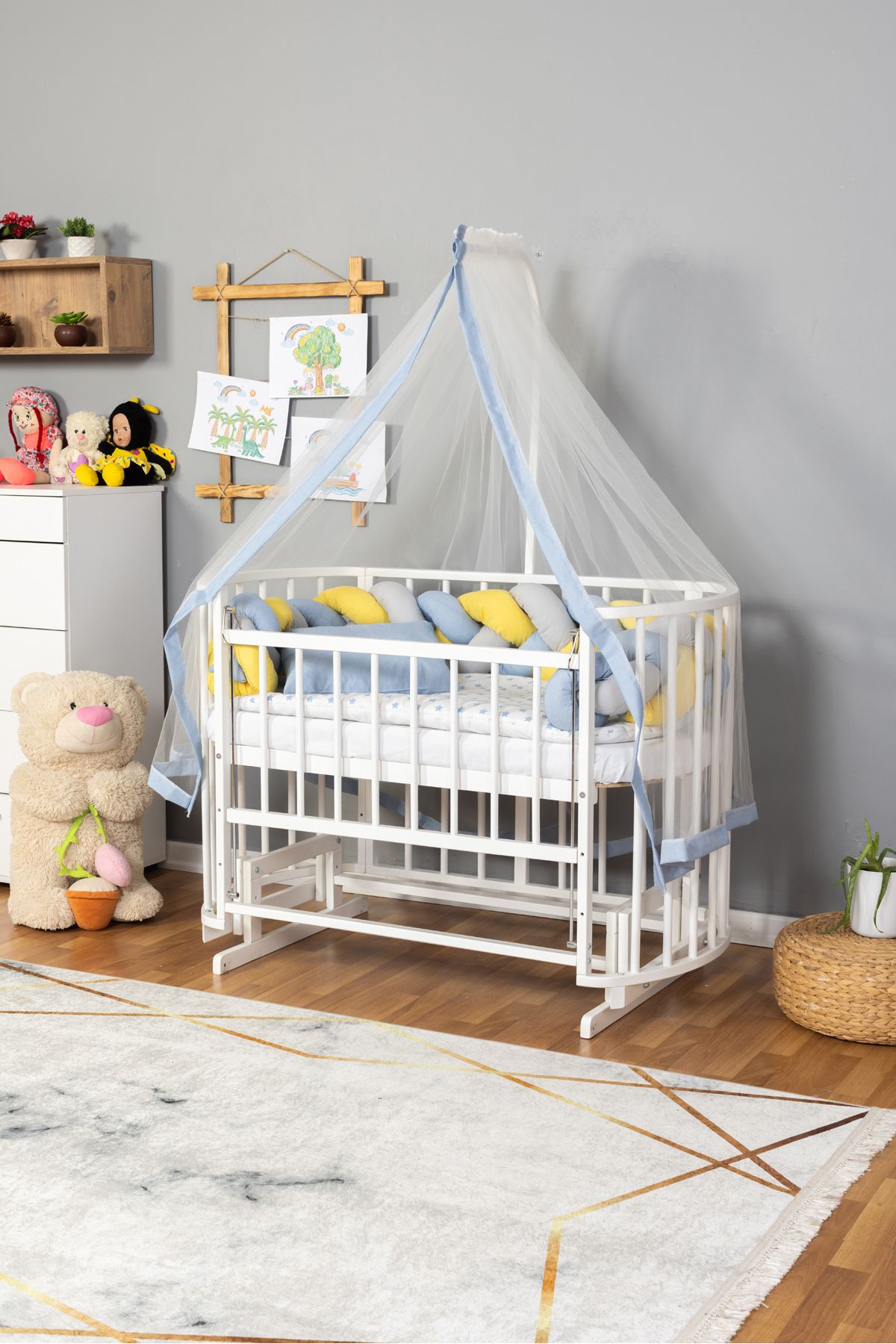 Carino Wins Ahşap Beşik Anne Yanı Yeni Doğan Papatya Beyaz Bebek Beşiği MAVİ SARI ÖRGÜ UYKU SETLİ