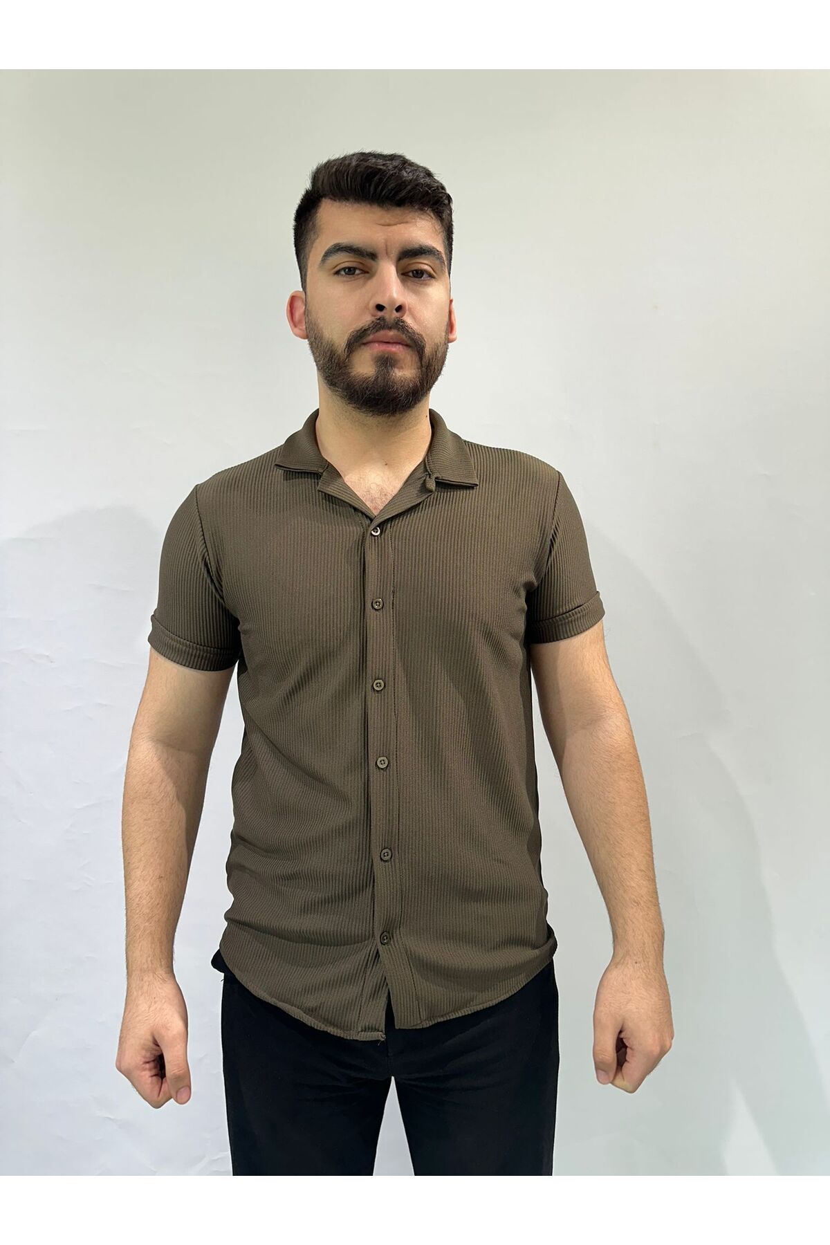 RESSHO Haki Renk Dikey Çizgili Erkek Gömlek