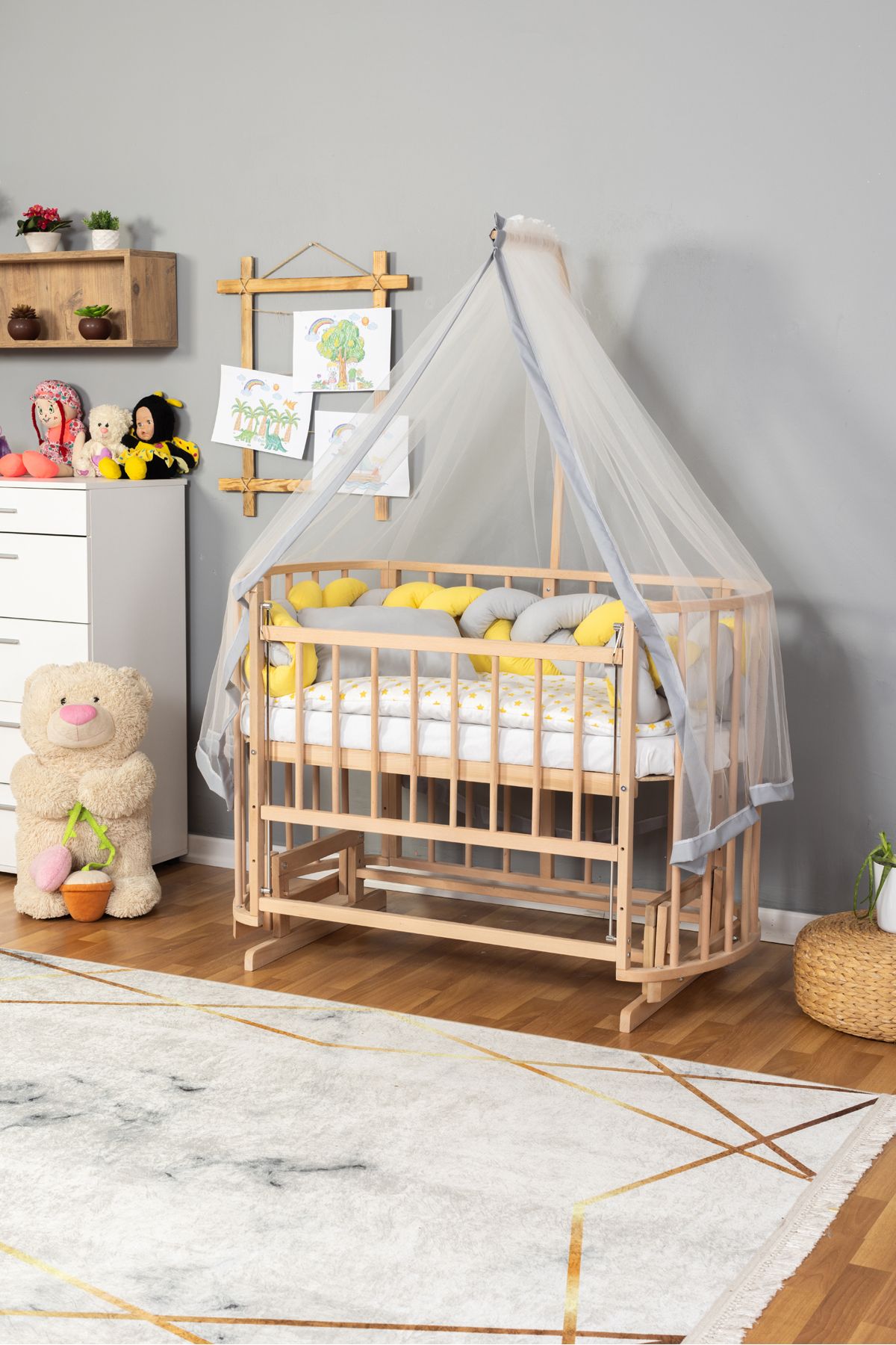 Carino Wins Ahşap Beşik Anne Yanı Yeni Doğan Papatya Organik Bebek Beşiği SARI GRİ ÖRGÜ UYKU SETLİ