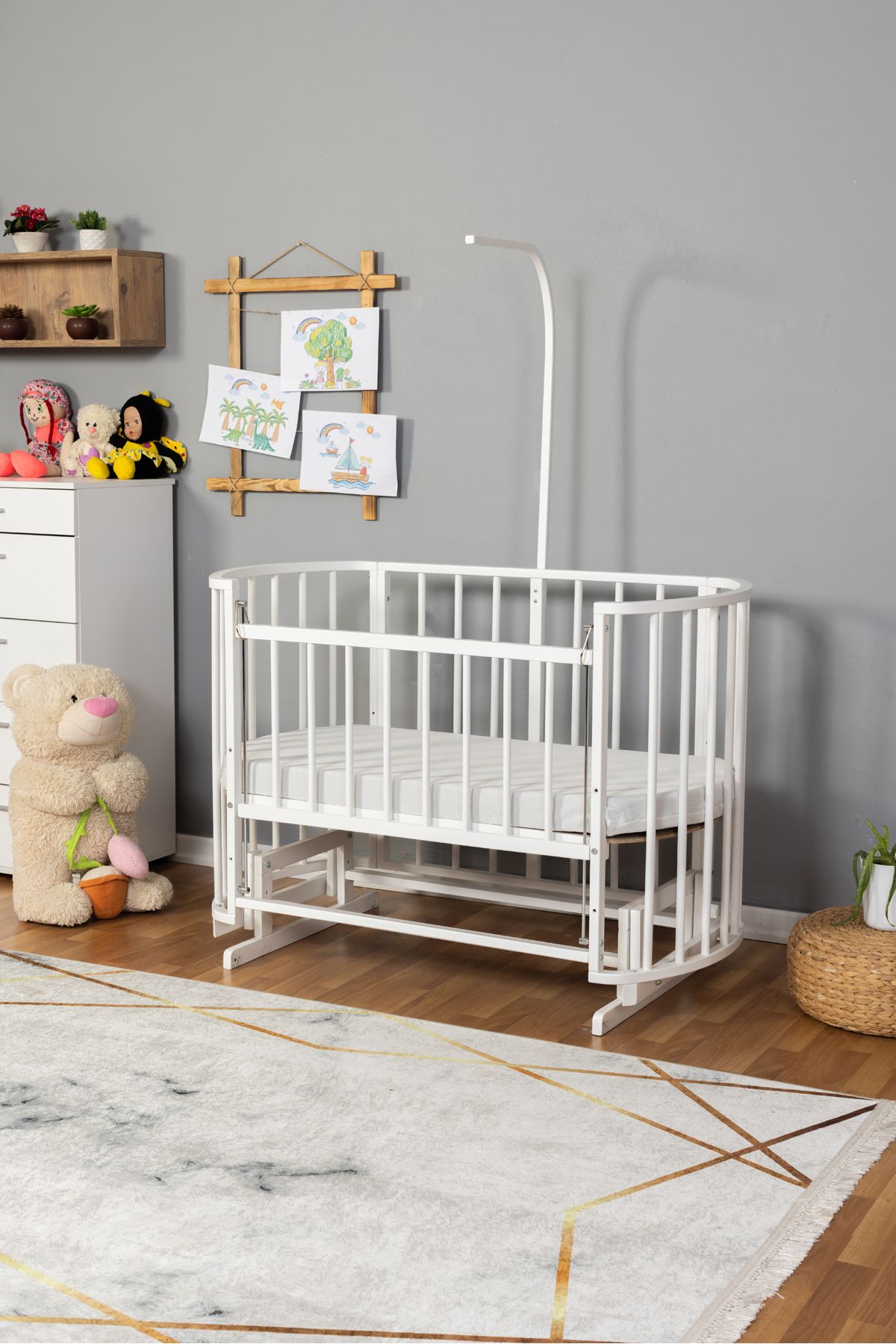 Carino Wins Ahşap Beşik Anne Yanı Yeni Doğan Papatya Beyaz Bebek Beşiği TEK YATAK