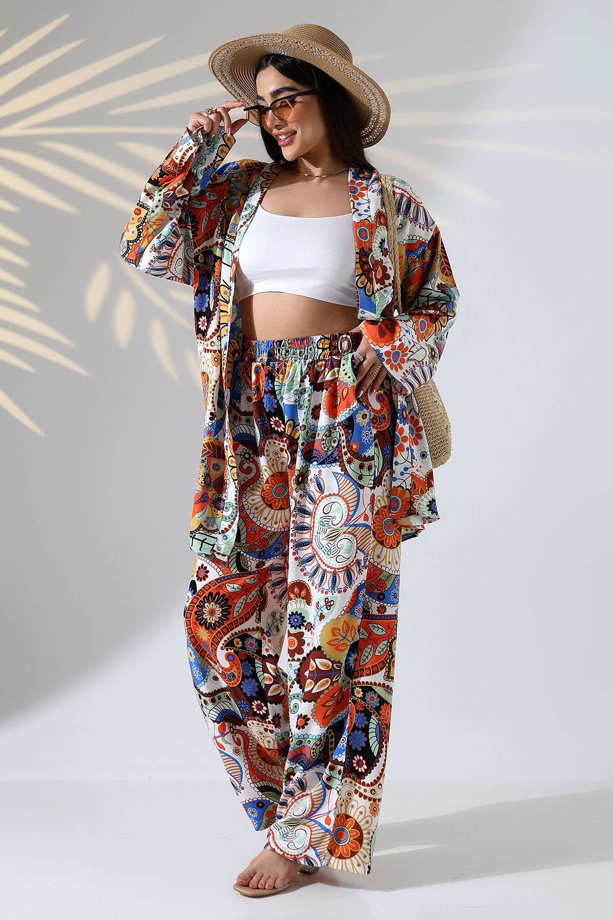 forte bella Desenli Maxi Boy Alt-Üst Kimono Takım