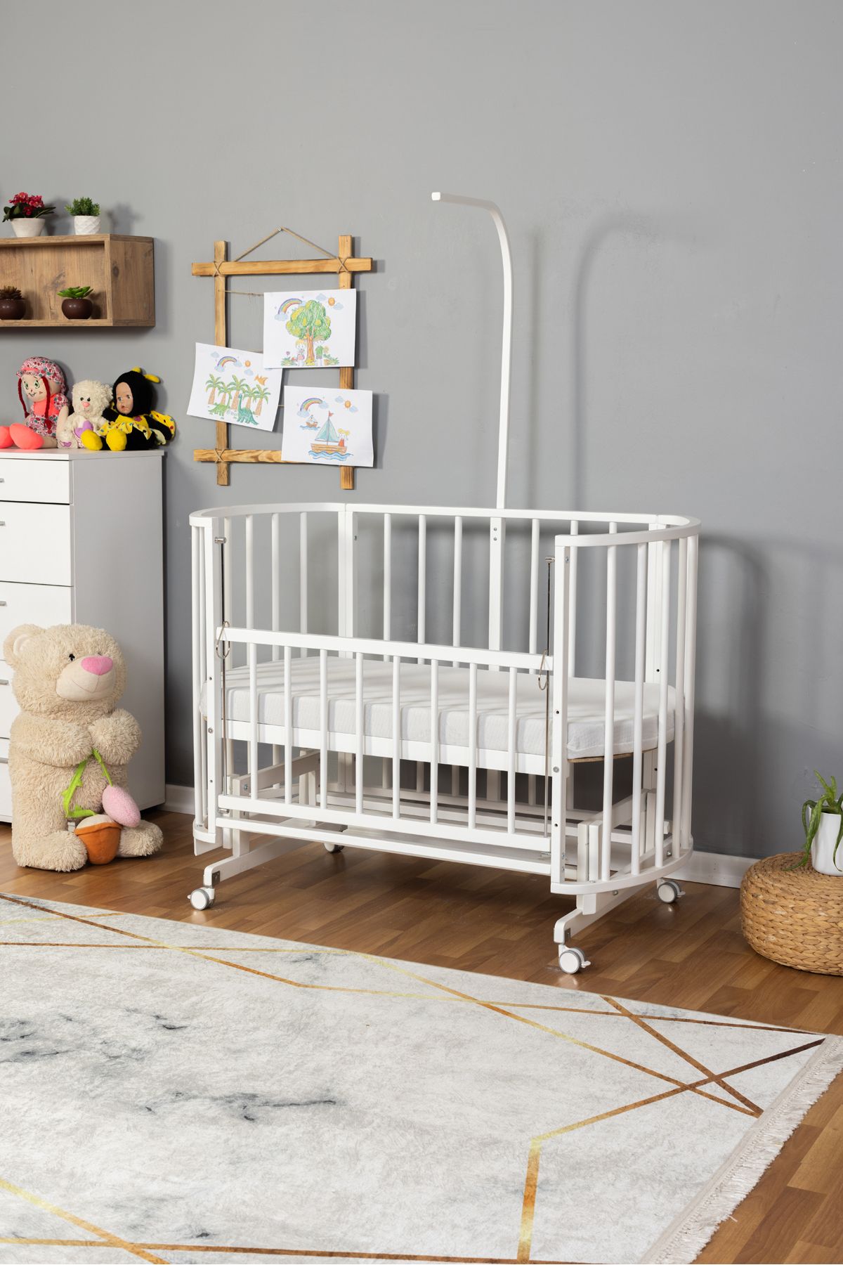 Carino Wins Ahşap Beşik Anne Yanı Yeni Doğan Papatya Beyaz Bebek Beşiği TEK YATAK + TEKERLEKLİ