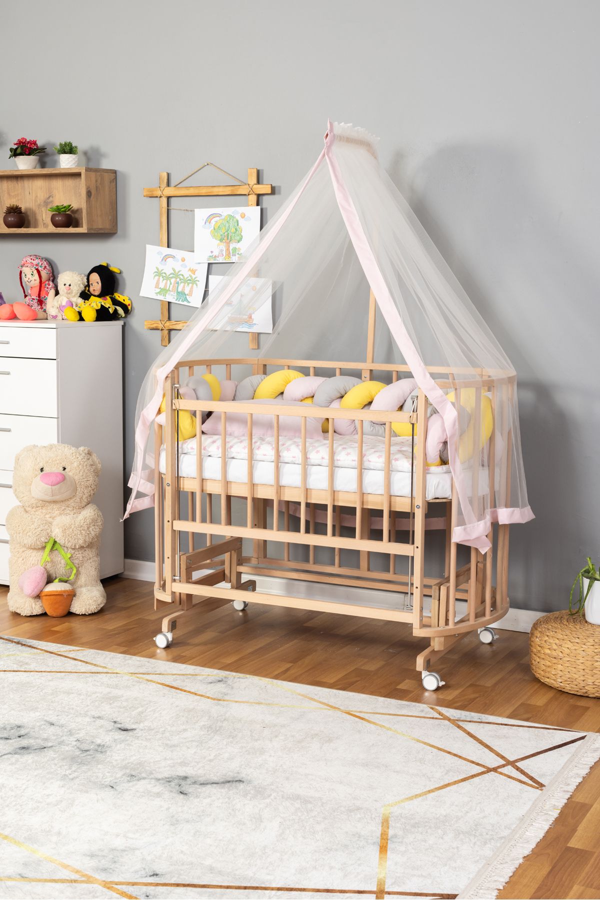 Carino Wins Ahşap Beşik Anne Yanı Yeni Doğan Papatya Organik Bebek Beşiği PEMBE SARI ÖRGÜ UYKU SETLİ+TEKER