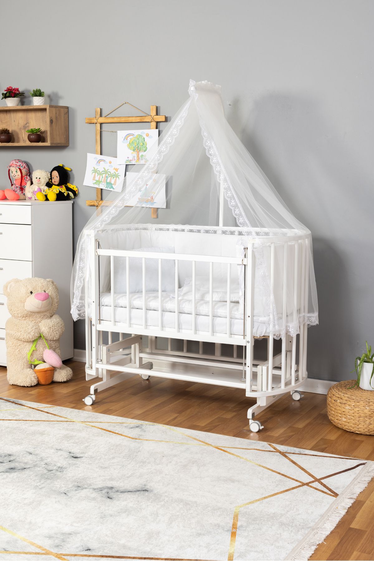 Carino Wins Ahşap Beşik Anne Yanı Yeni Doğan Papatya Beyaz Bebek Beşiği BEYAZ GÜPÜR UYKU SETLİ + TEKER