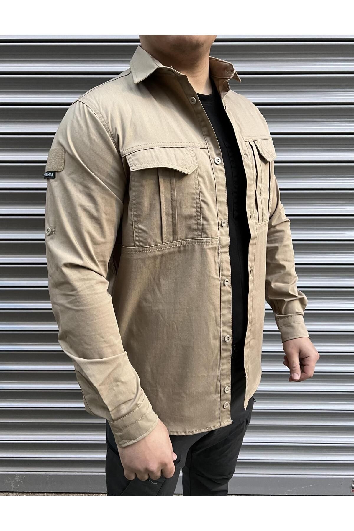 NKYSTORE Erkek Bej Taktik Gömlek – Uzun Kollu | Hafif Kumaş, Outdoor & Günlük Kullanım