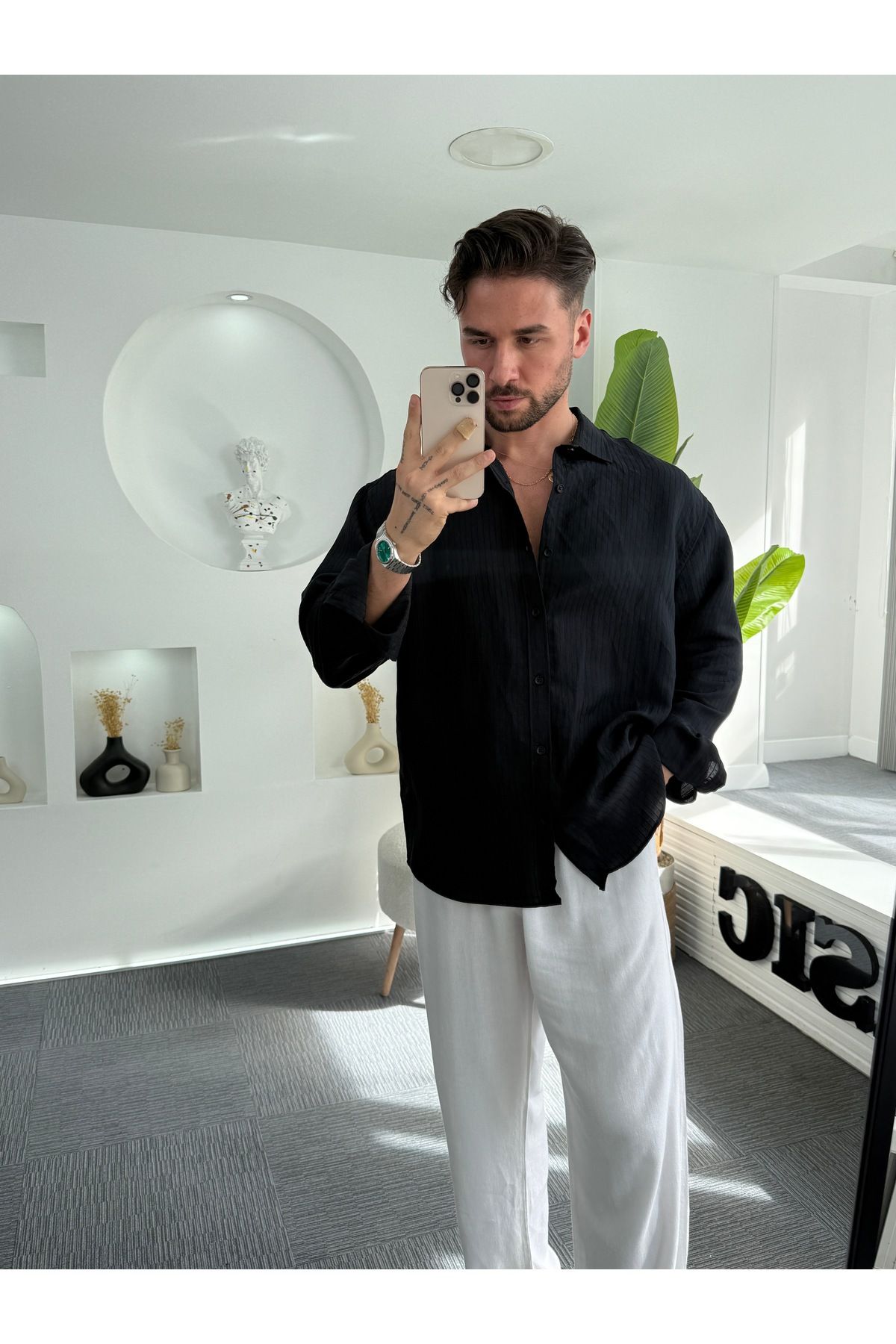 UTTBASİC GG Armür Çizgili Oversize Gömlek