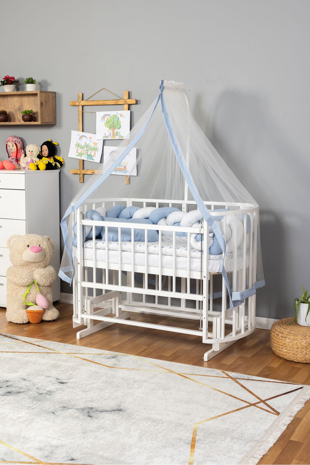 Carino Wins Ahşap Beşik Anne Yanı Yeni Doğan Papatya Beyaz Bebek Beşiği MAVİ BEYAZ ÖRGÜ UYKU SETLİ