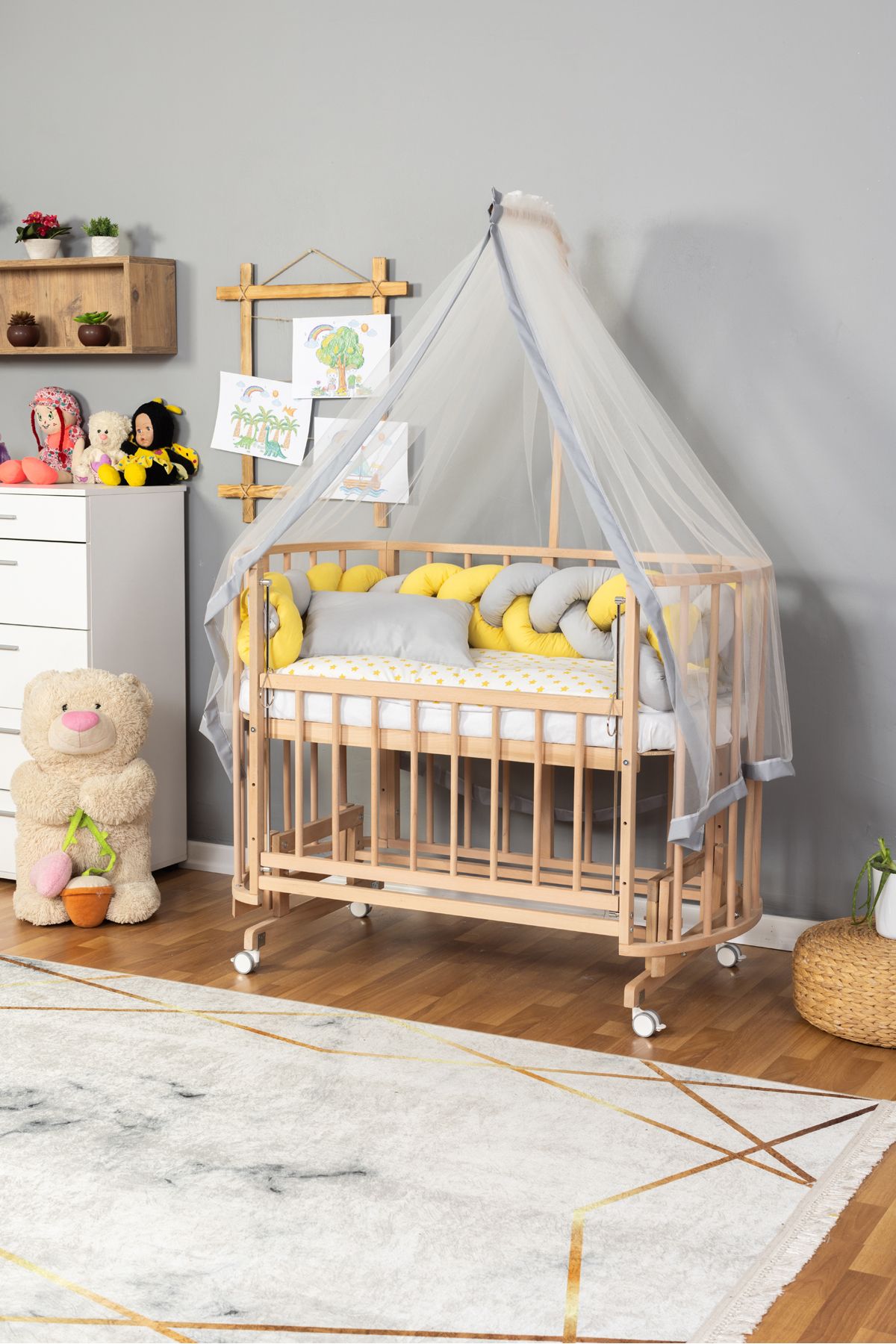 Carino Wins Ahşap Beşik Anne Yanı Yeni Doğan Papatya Organik Bebek Beşiği SARI GRİ ÖRGÜ UYKU SETLİ+TEKER
