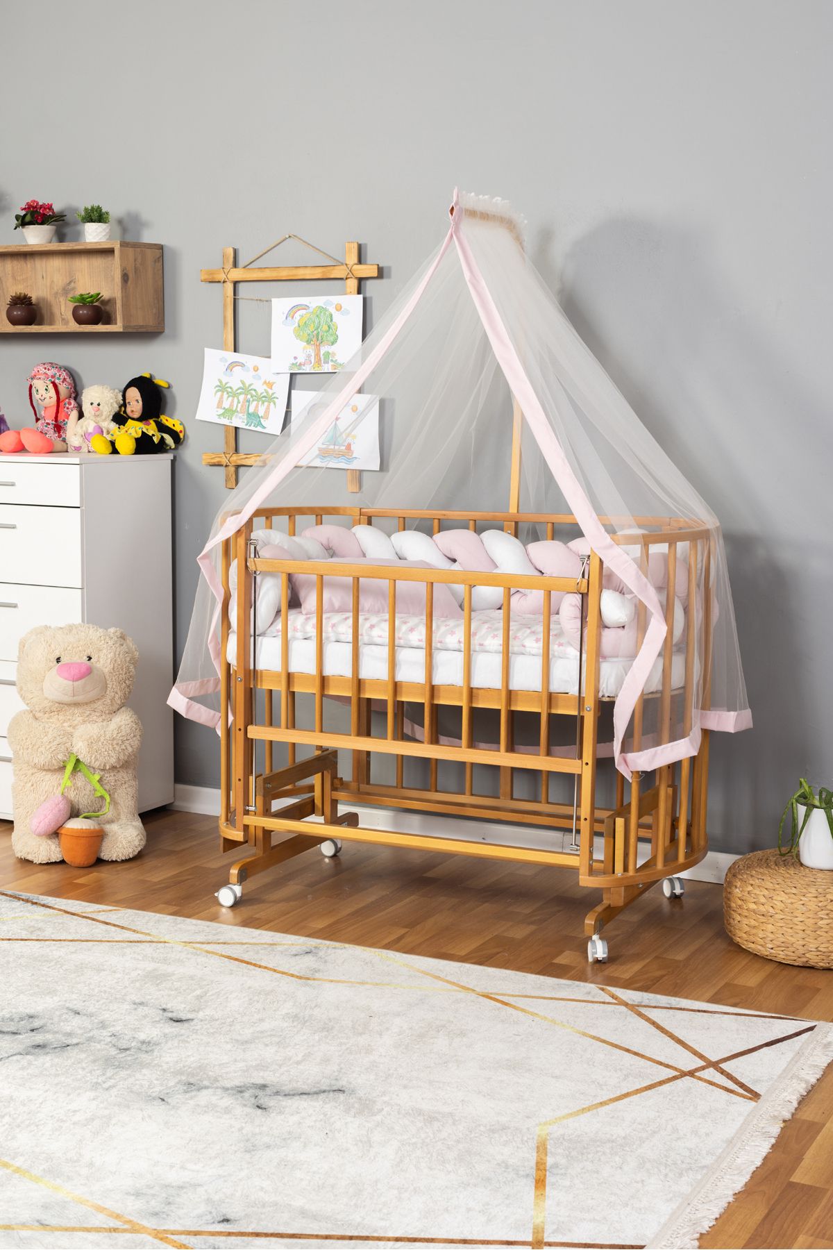 Carino Wins Ahşap Beşik Anne Yanı Yeni Doğan Papatya Doğal Bebek Beşiği PEMBE BEYAZ ÖRGÜ UYKU SETLİ+TEKER