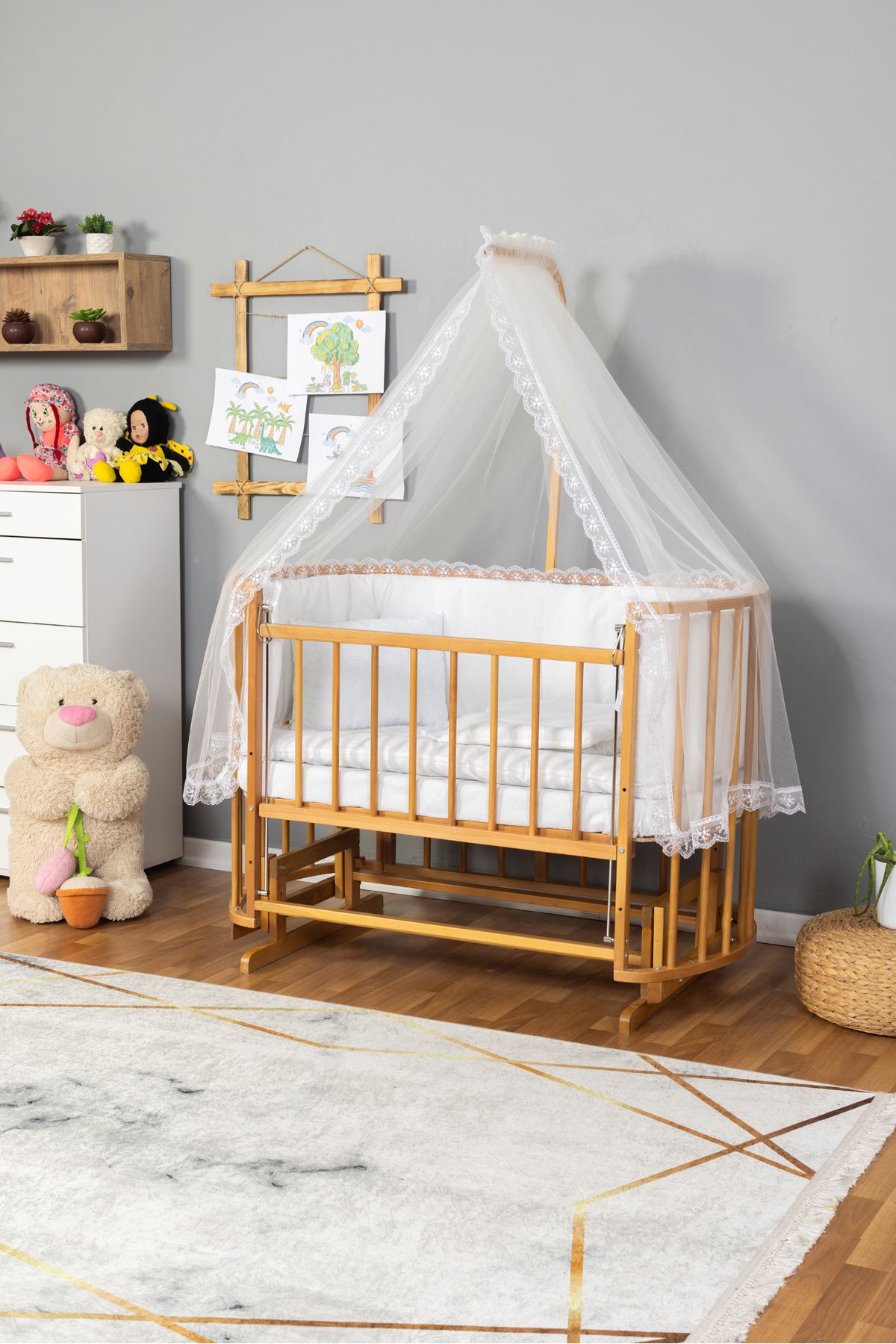 Carino Wins Ahşap Beşik Anne Yanı Yeni Doğan Papatya Doğal Bebek Beşiği BEYAZ GÜPÜR UYKU SETLİ