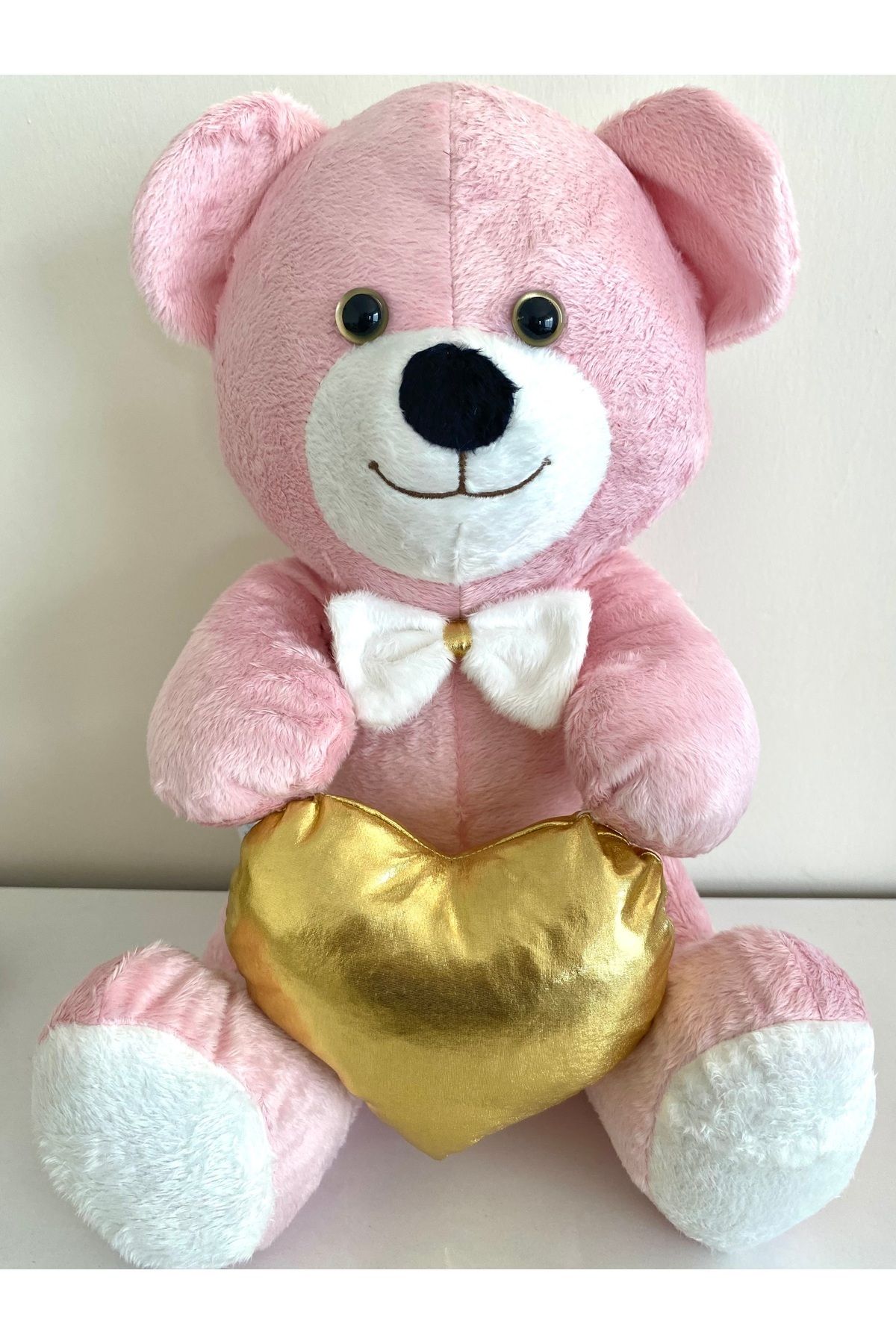 ayıcık Altın Kalpli Pembe Peluş Ayıcık – 40 cm Aşk Dolu Hediye Oyuncağı