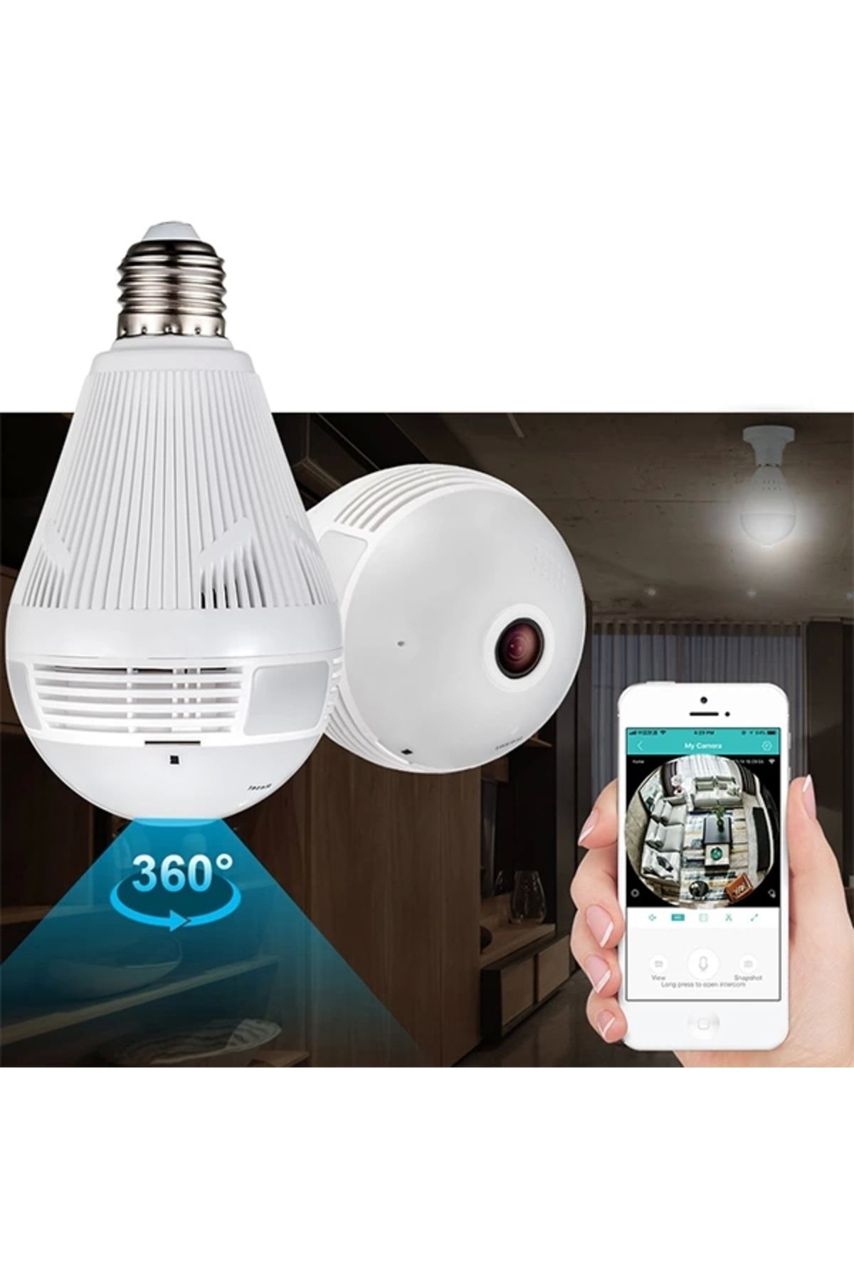 Yenimiyeni Ampul Şeklinde Panaromik Wifi Güvenlik Kamerası 360 Derece 1080p