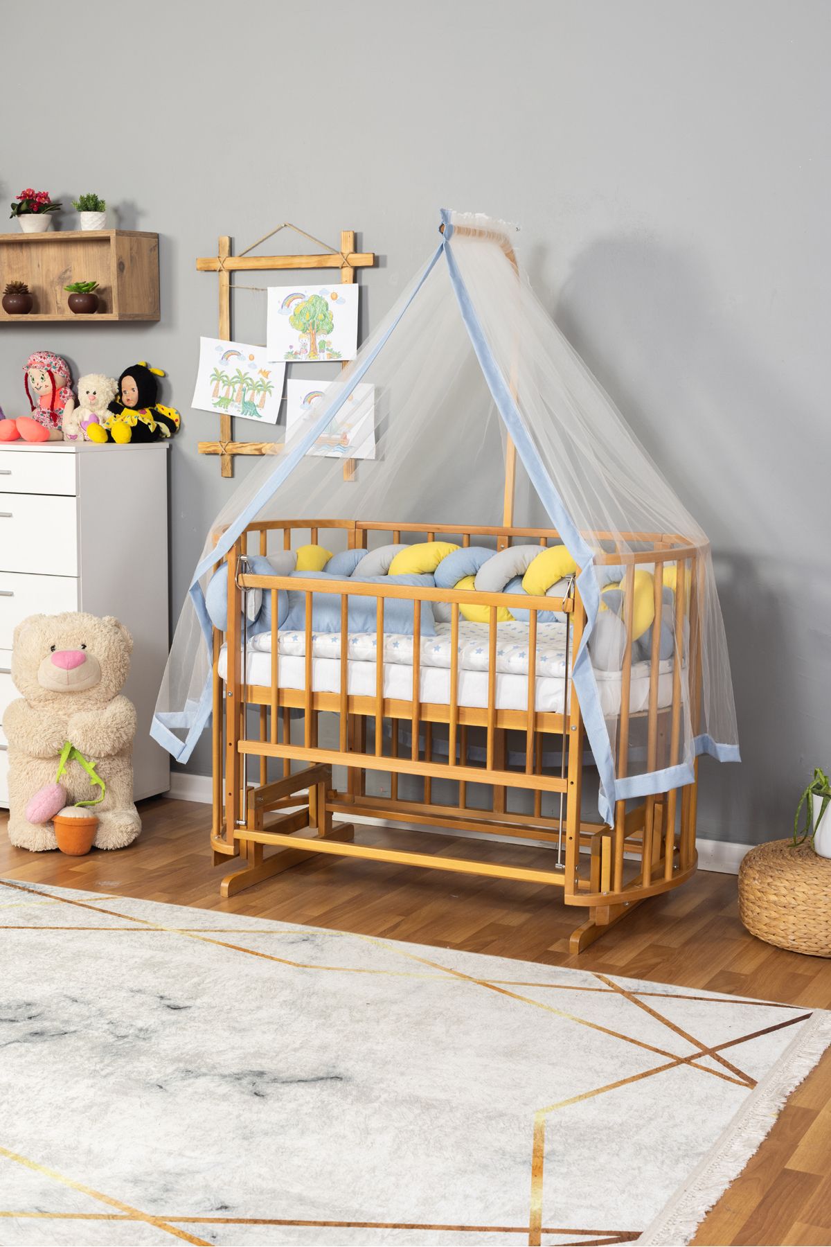 Carino Wins Ahşap Beşik Anne Yanı Yeni Doğan Papatya Doğal Bebek Beşiği MAVİ SARI ÖRGÜ UYKU SETLİ