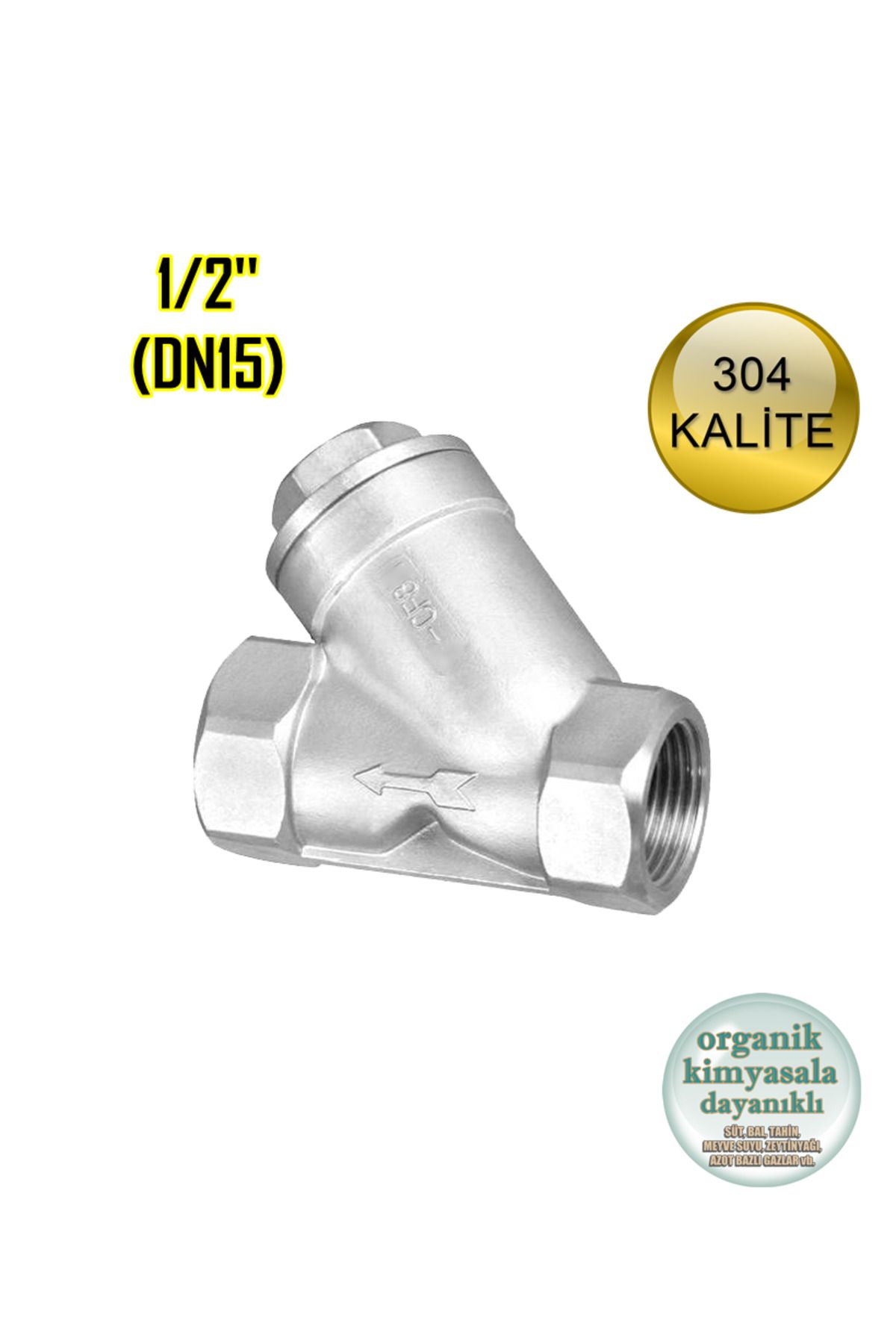 abcpaslanmaz Paslanmaz Çelik Pislik Tutucu Filtre Y Tipi 1/2'' Dişli Krom 304 Kalite