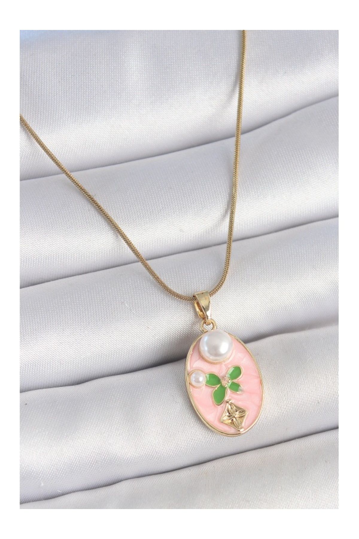 Clariss 316L Çelik Gold Renk Zincir Pembe Mineli Oval İncili Çiçek İşlemeli Portre Model Kadın Kolye