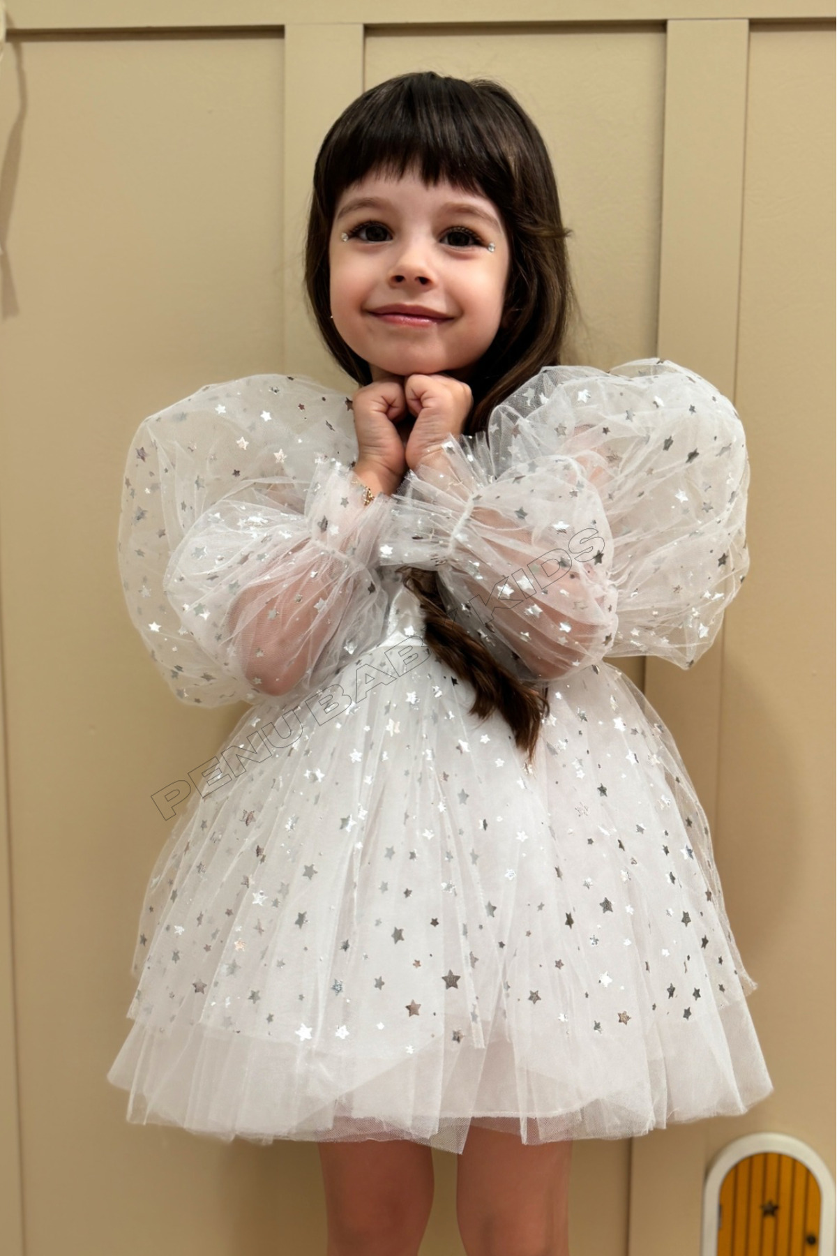 penu baby kids Beyaz Balon Kol Yıldızlı Tül Uzun Kol Kız Çocuk Elbise fotoğrafı 7 (önizleme)