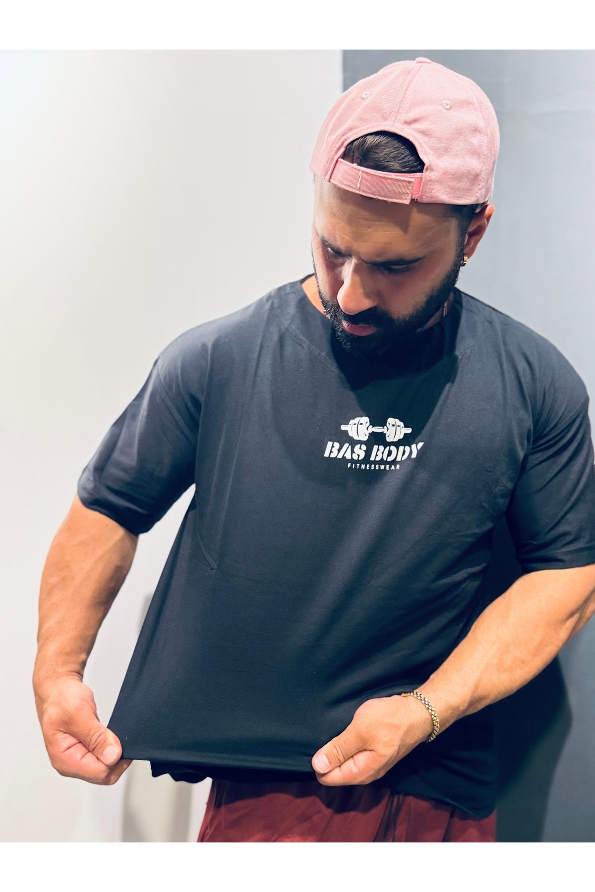 Bas Body FitnessWear Bas Body V Yaka Siyah Oversize Bol Kesim %100 Pamuk Fitness Spor Tişört