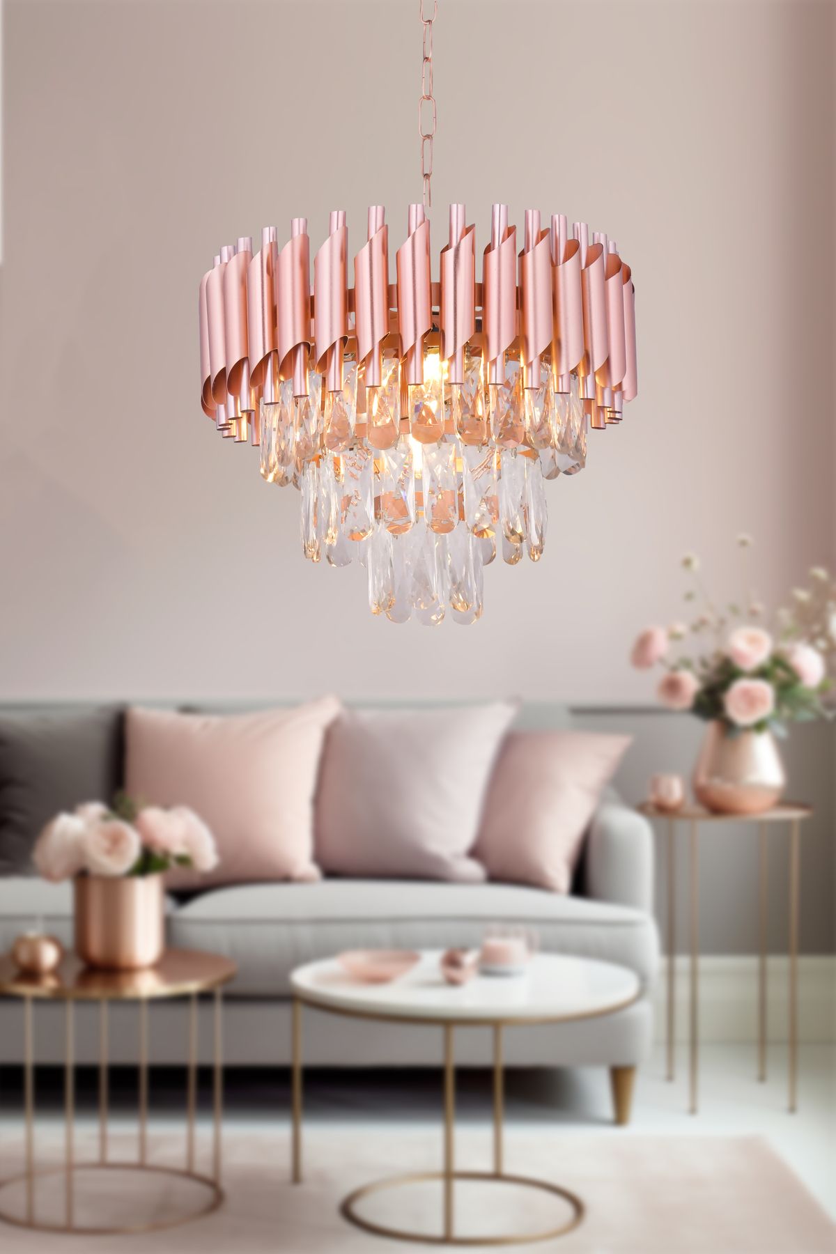 Avizemoda Palmira 40 cm'lik Kristal Taşlı Salon Oturma Odası Lüks Avize - (Rose Gold)