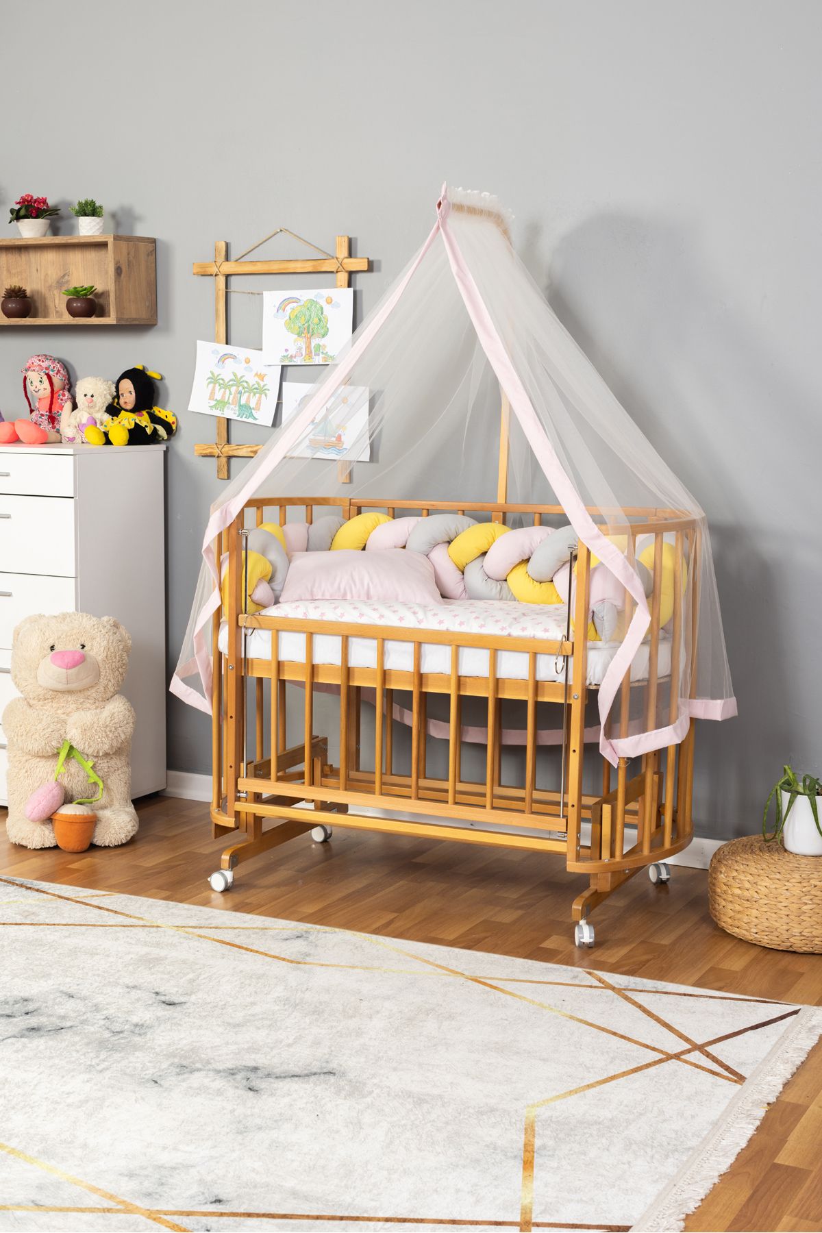 Carino Wins Ahşap Beşik Anne Yanı Yeni Doğan Papatya Doğal Bebek Beşiği PEMBE SARI ÖRGÜ UYKU SETLİ+TEKER