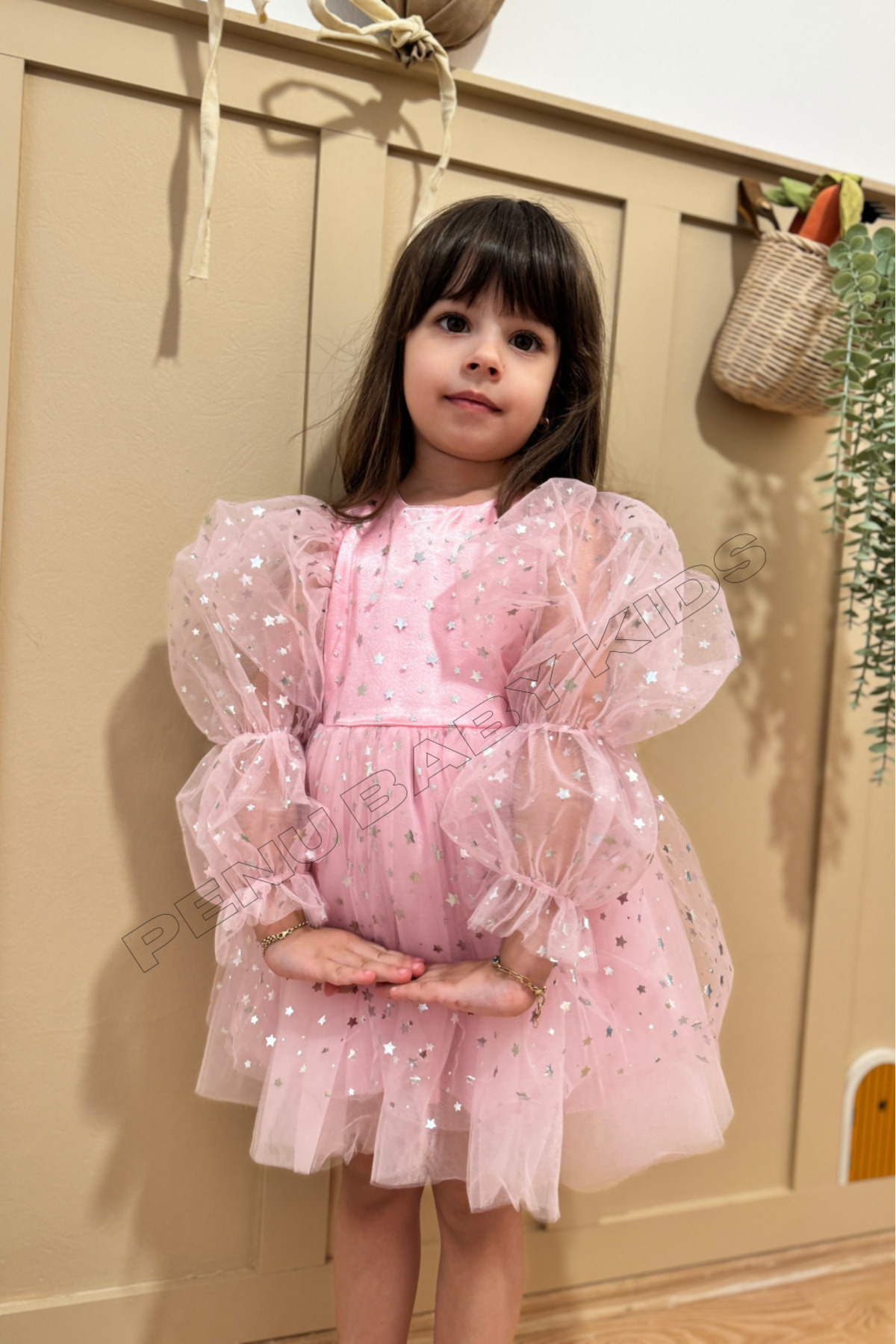 penu baby kids Pembe Balon Kol Yıldızlı Tül Uzun Kol Kız Çocuk Elbise fotoğrafı 4 (önizleme)